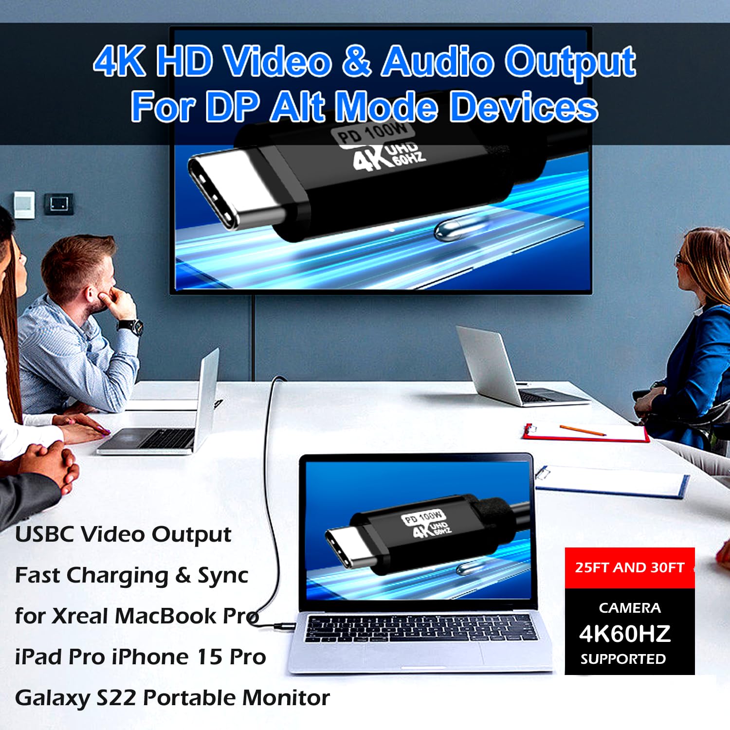 Cable USB C a USB C de 40 pies, 240 W (5 A) 4K60HZ USB3.2 GEN2x2, salida de video USBC de carga rápida y sincronización para monitor portátil Xreal MacBook Pro, iPad Pro, iPhone 15 Pro,