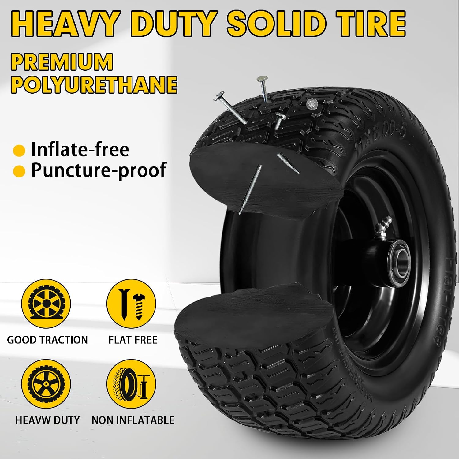 11x6.00-5" Lawn Mower Tire on Wheel Flat Free Pattern 2 PCS with 3/4" or 5/8" & 1/2" Bearings, 6" - 8" Centered Hub Solid Mower Wheel, Load 400lbs for Residential and Commercial Zero Turn Mower Tires
