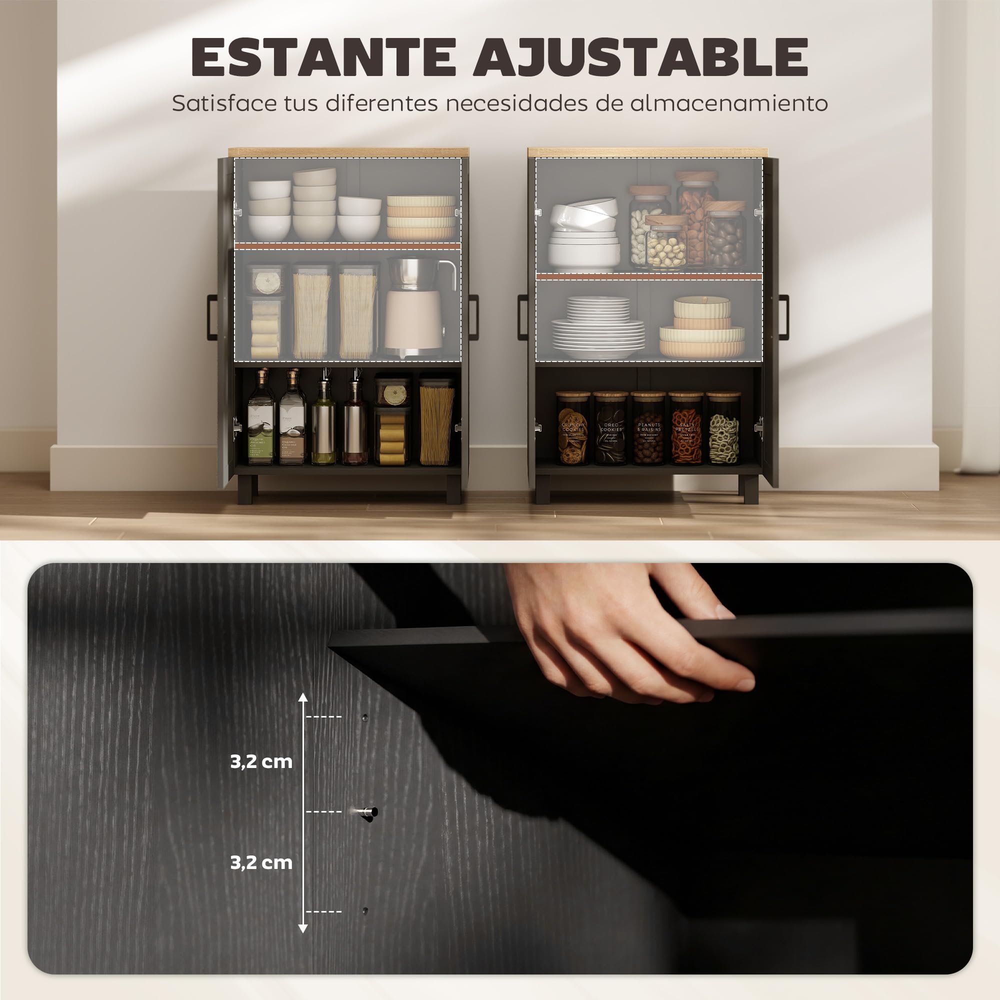 HOMCOM Aparador de 2 Puertas, Aparador de Salón Estrecho, Armario de Cocina con Estante Ajustable, para Cocina, Entrada, Dormitorio, 60x30x90 cm, Negro