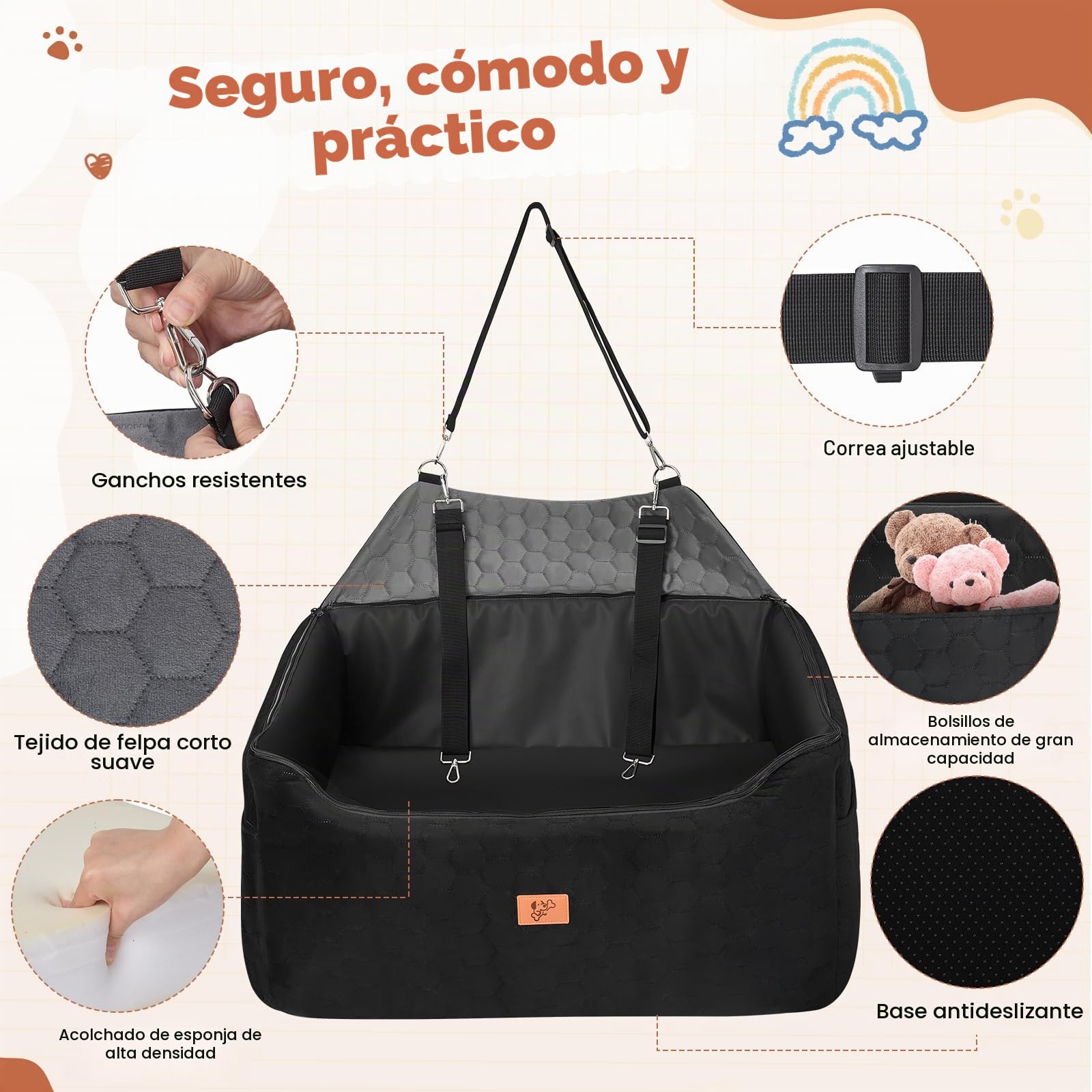 Asiento de Coche para Perros 78x55x53cm, Extraíble y Lavable para Medianos y Grandes, Incluye Correa para Perros Grandes y Pesados (con Funda de Piel Impermeable)