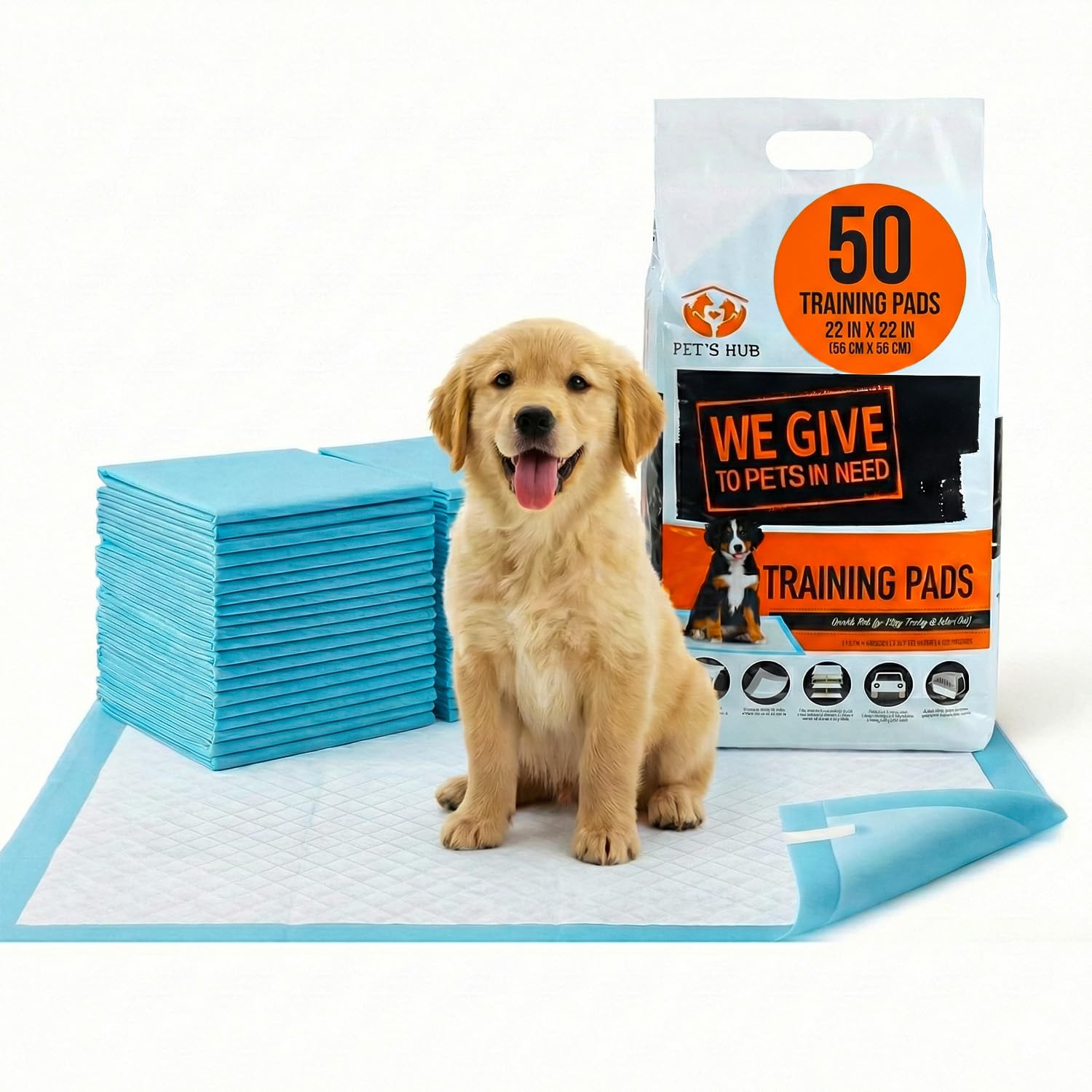 PET'S HUB Dog & Puppy Training Pads 50 Pack, Super-Absorbent Large Puppy Pads, Leak-Proof Heavy Duty Dog Mats, Anti-Slip and Disposable Dog Pee Pads (56 x 56 cm) (Pack of 50)