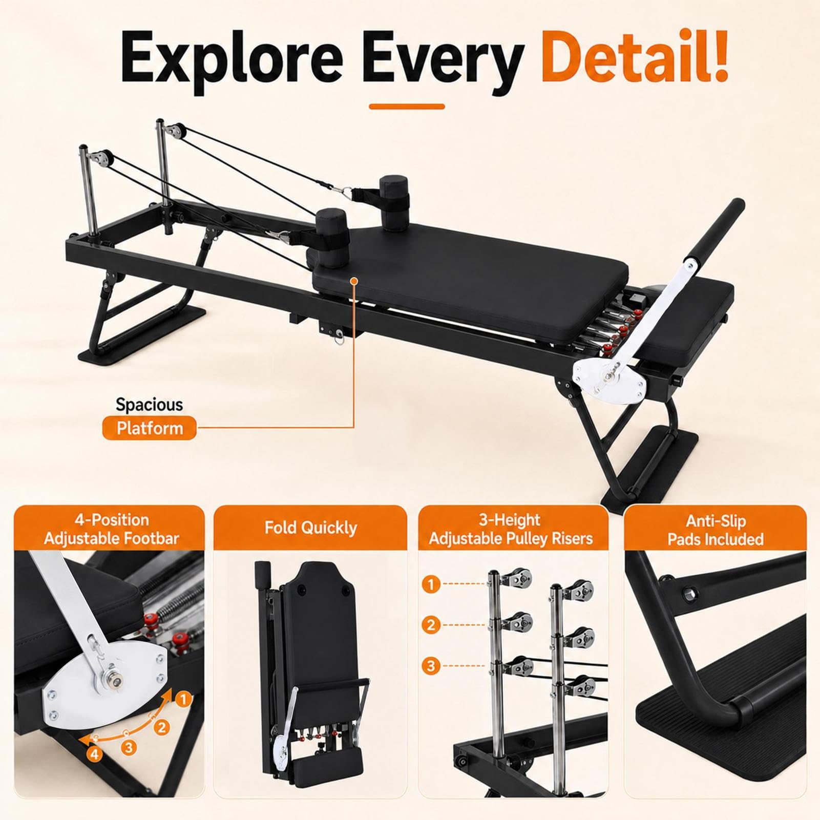 Attrezzatura Pieghevole Per Pilates, Riformatore Pieghevole Per Pilates, | Lettino Per Allenamento Pilatess Core,La Macchina Pieghevoles Per Allenamento Fitness A Casa Supporta Fino A 300
