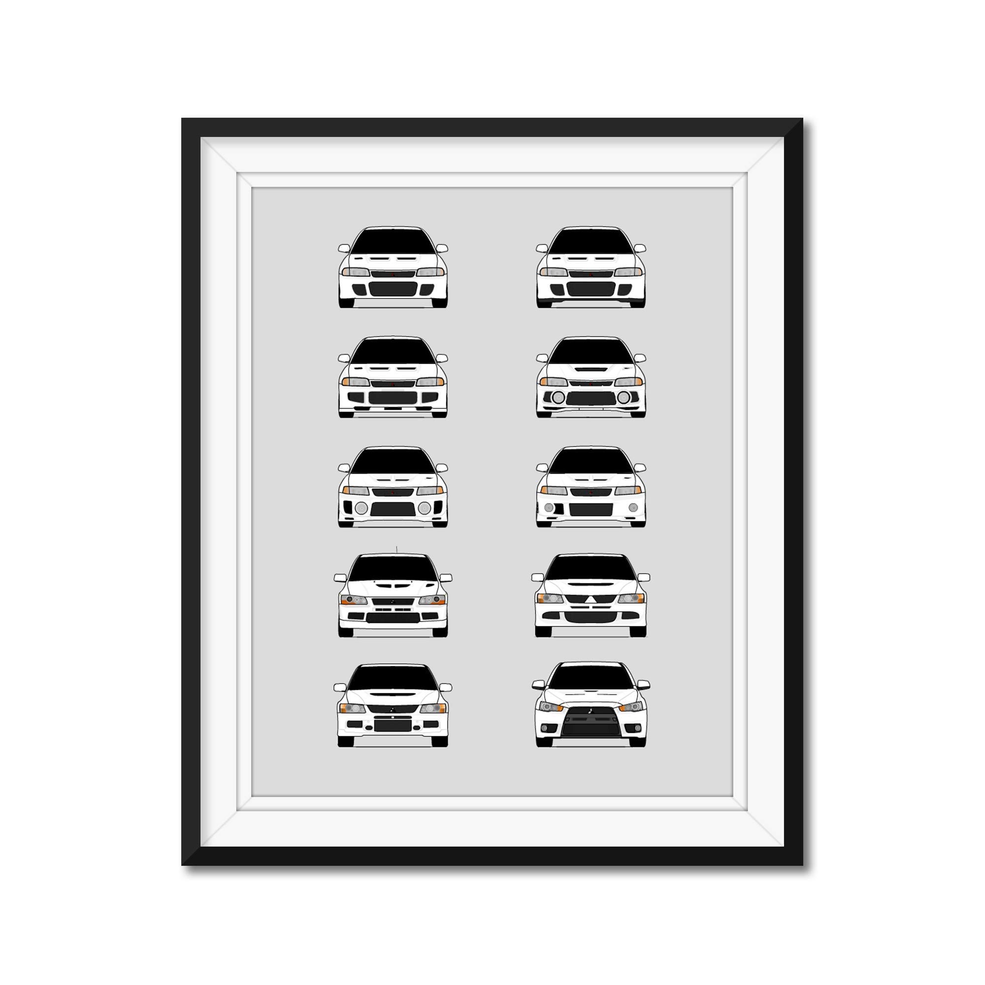 Handmade Poster compatible with Mitsubishi Lancer Evolution Generations and Print of Mitsubishi Evo (Evo I to Evo X) - White, 11x14" Metallic Print (Unframed)