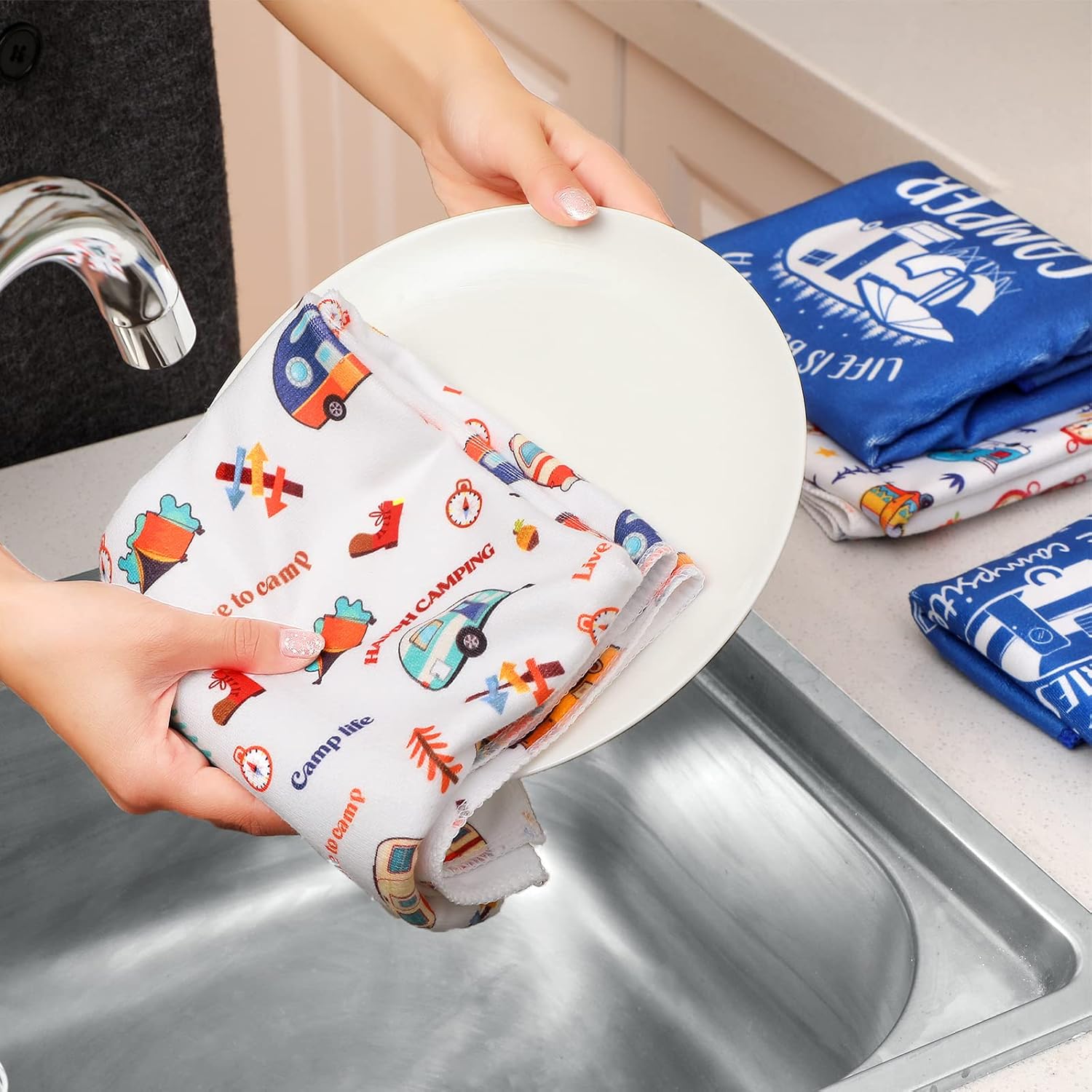Chengu 4 Pcs Camping Kitchen Towels Christmas Cute Camping Dish Towels Absorbent Campers Towel Christmas RV Camper Gifts for Kitchen Housewarming Holiday Birthday RV Accessories - Image 2