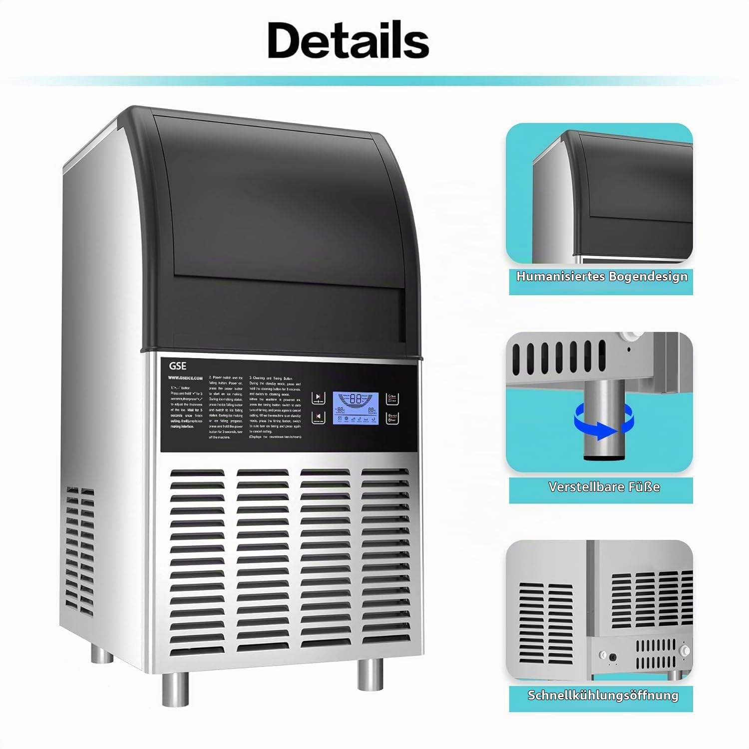 GSE Gewerbliche Eiswürfelmaschinee, 68 kg/24h eiswürfel Profi Vollautomatischer Iice maker, Freistehende Eismaschin mit Timer, für Restaurant, Bar, Café, Haushalt, Getränkeläden, große Feiern