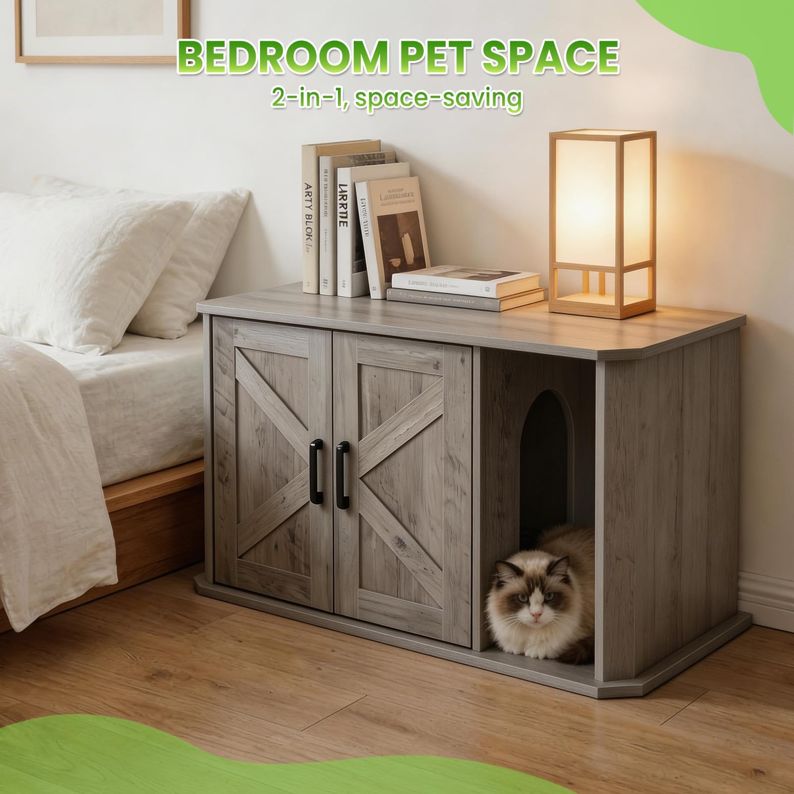 Katzenklo Schrank, Katzentoilettenmöbel, 2 Türen mit Seiteneingang | 85 x 49 x 50 cm, PB-Spanplatte, pflegeleicht, verstecktes Katzenklo, für kleine Räume, 3 Farben: Weiß, Weiß+Braun, Grau