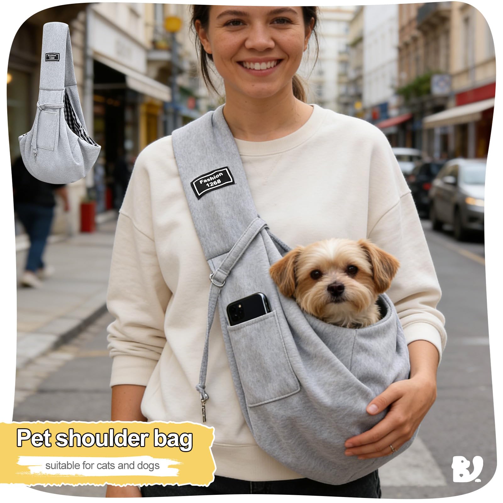 Torba do noszenia psa do 7.5 kg, miękka bawełna – oddychająca torba na ramię dla małych psów, szczeniaków i kotów – regulowana torba do noszenia zwierząt domowych, do podróży i na zewnątrz, szara