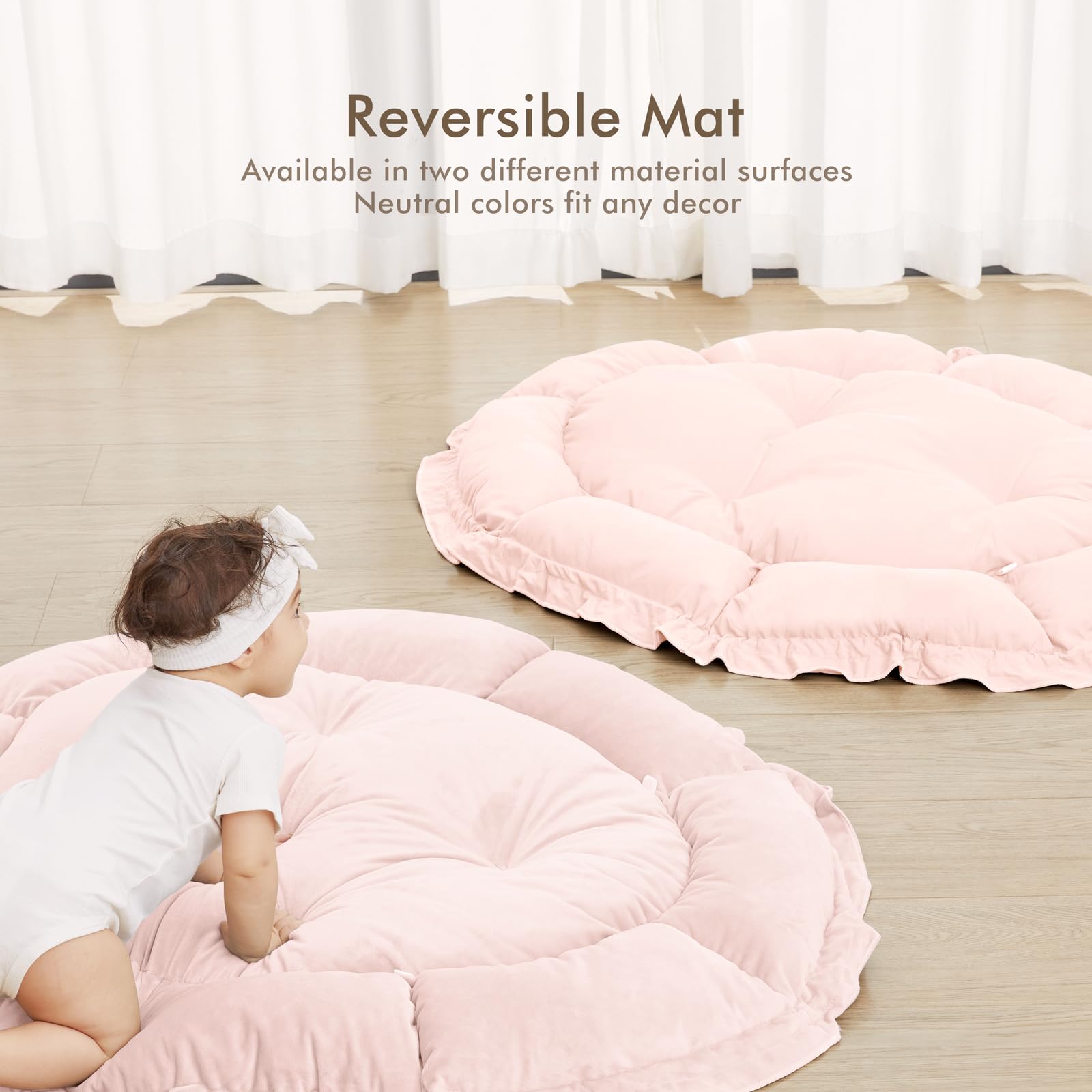 ANGELBLISS 5 in 1 Baby Play Gym Mat, Reversible Tummy Time Mat with 5 Sensory Toys for Stage-Based Developmental, Thick & Large Baby Activity Center from Newborn to Toddler (Pink)