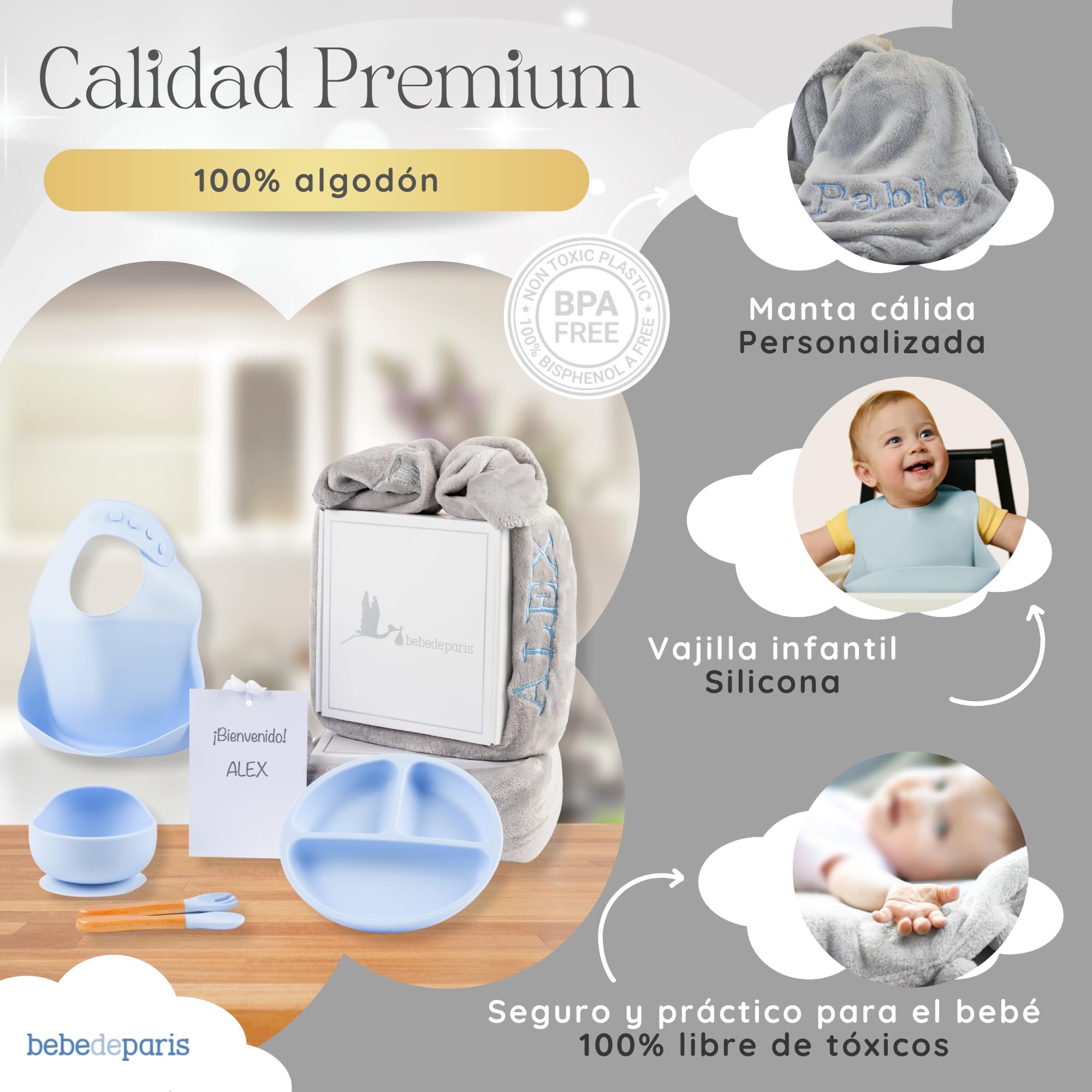 Bestickte Decke mit Namen und Geschirr aus Silikon, umweltfreundliches Geschenk für Babys, Geschenkset für Jungen und Mädchen (Geschirr + Decke, Blau) | BebeDeParis