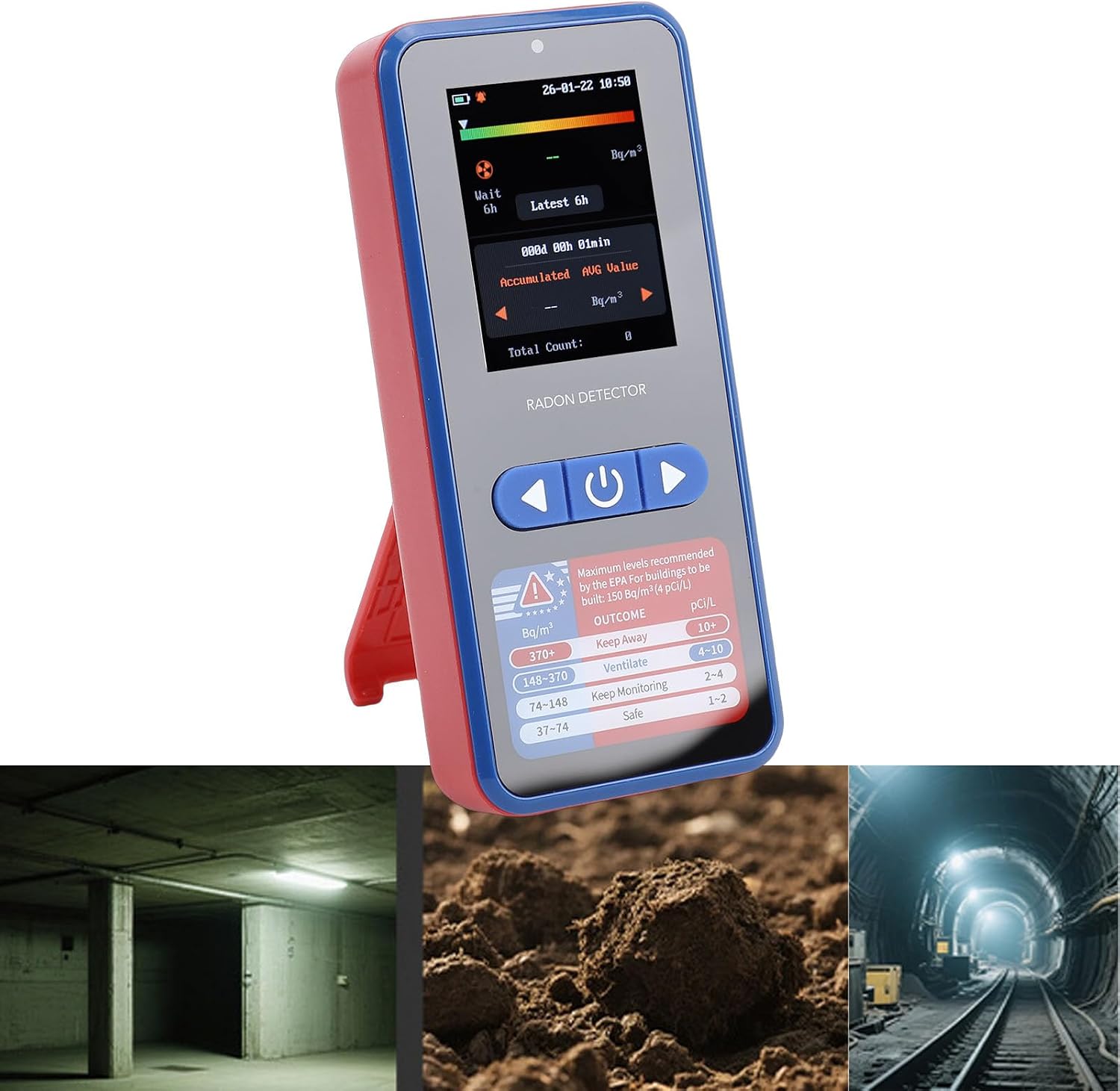Fafeicy Radon Detector, High Sensitivity Semiconductor Sensor 3.3Bq with 2.0 Inch Color Screen and Alarm, for Home Office Basement Mine