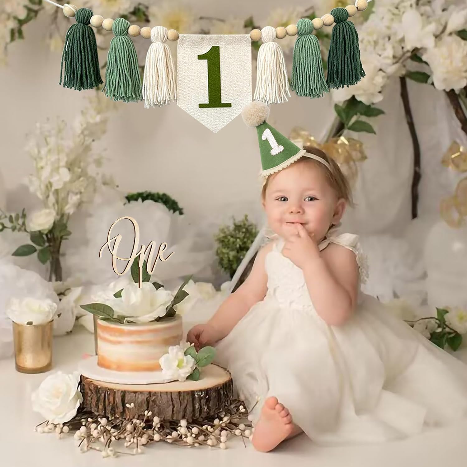 Handmade Boho Green 1st Birthday High Chair Banner Decorations for Baby Boys First Birthday Hat With One Cake Topper Happy Birthday Photoshoot Props Photo Props - Image 5