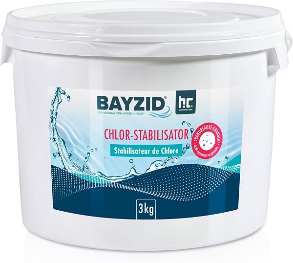 BAYZID Granulés stabilisateurs de chlore 3 kg (acide cyanurique) – Protection UV pour chlore de piscine – Réduit la consommation de chlore et prolonge la désinfection – Convient pour piscine d'eau - 1