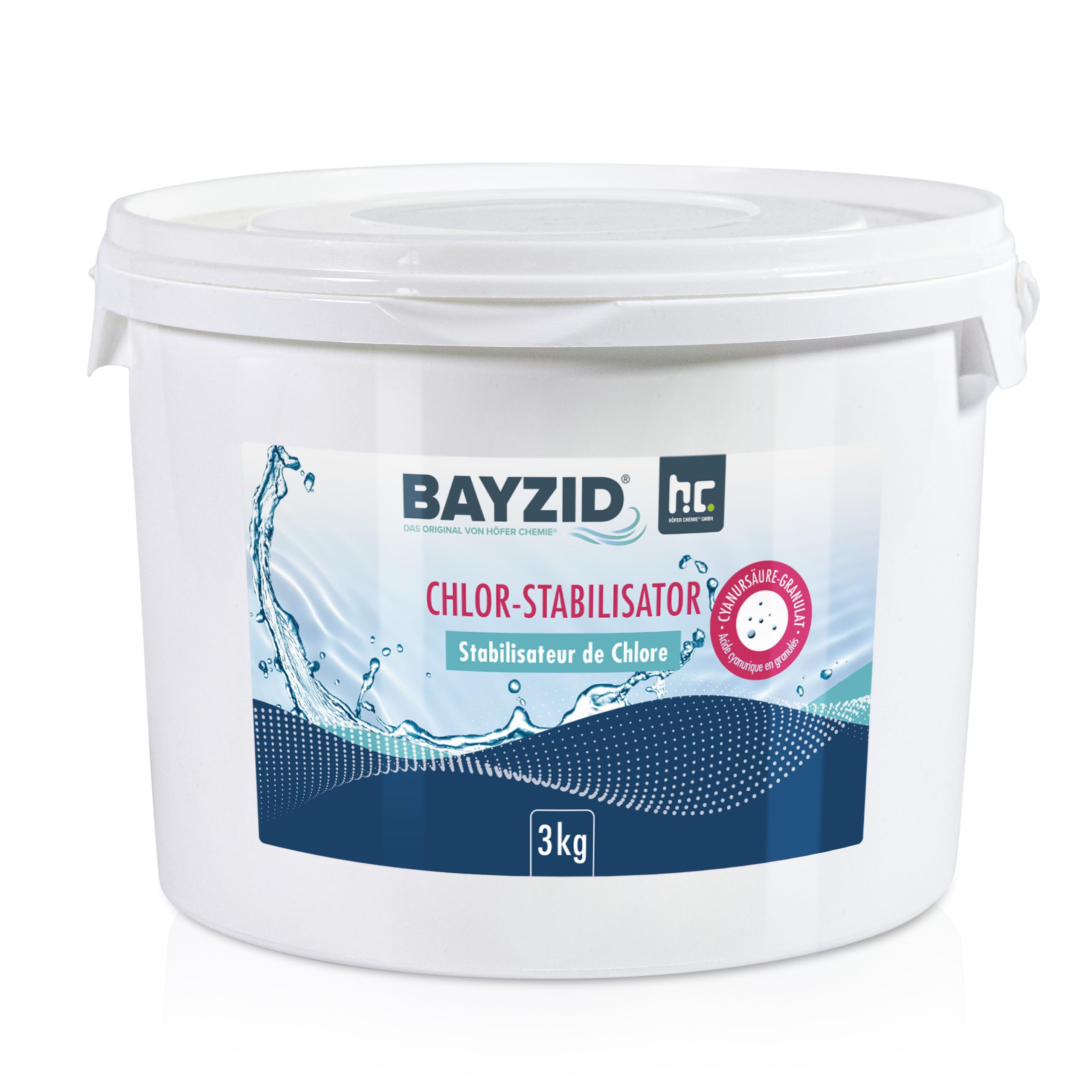 BAYZID Stabilisateur de Chlore pour Piscine 3 kg - Acide Cyanurique en Granulés - Anti-UV et Économiseur de Chlore - Idéal Électrolyse au Sel et Chlore Liquide - Eau Cristalline