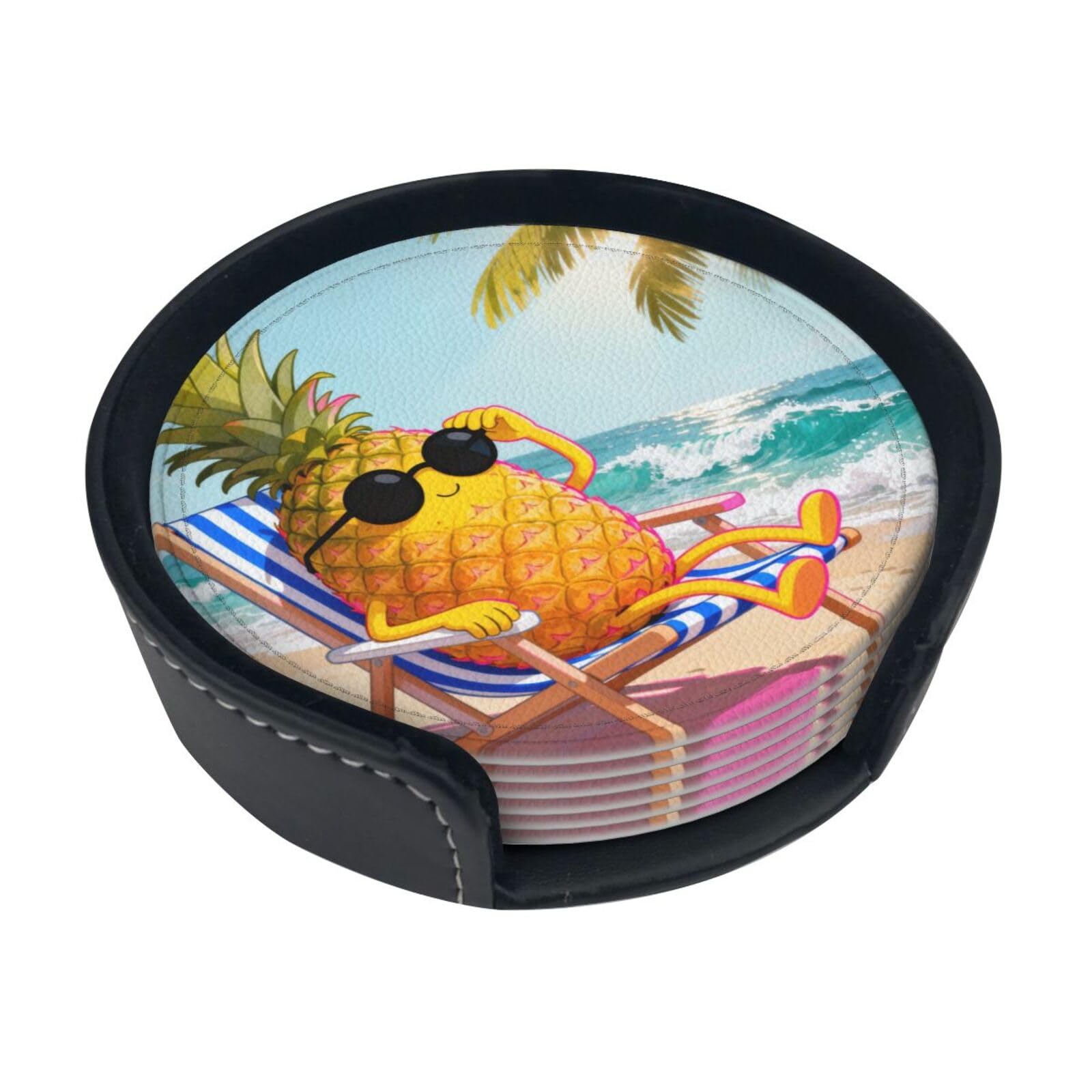 Cute Pineapple Leather Coasters-Set of 6 with Storage Holder