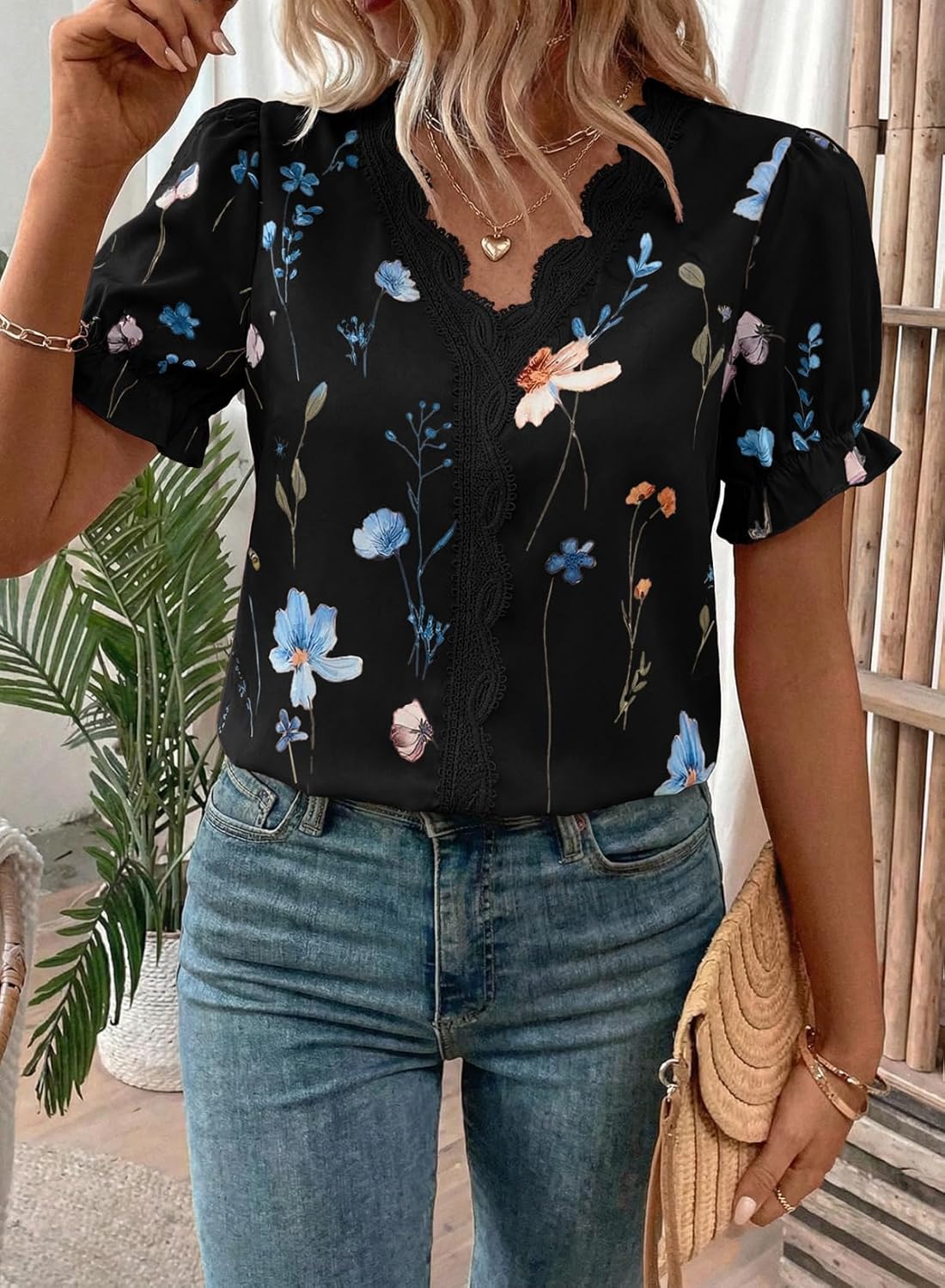 SHEWIN Womens Blouses Dressy Casual Lace V Neck Floral Tops Pulllover Short Sleeve Shirts Cute Summer Tops for Women 2026 - Image 6