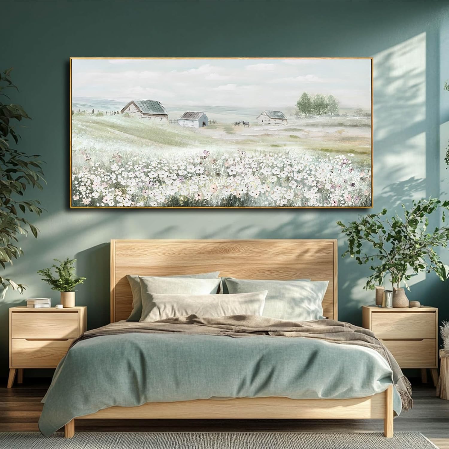 Large Framed Wall Art for Living Room - Grassland Landscape Home Wall Decor - Vintage Neutral Canvas Pictures for Bedroom 29x 58 Office Wall Hanging