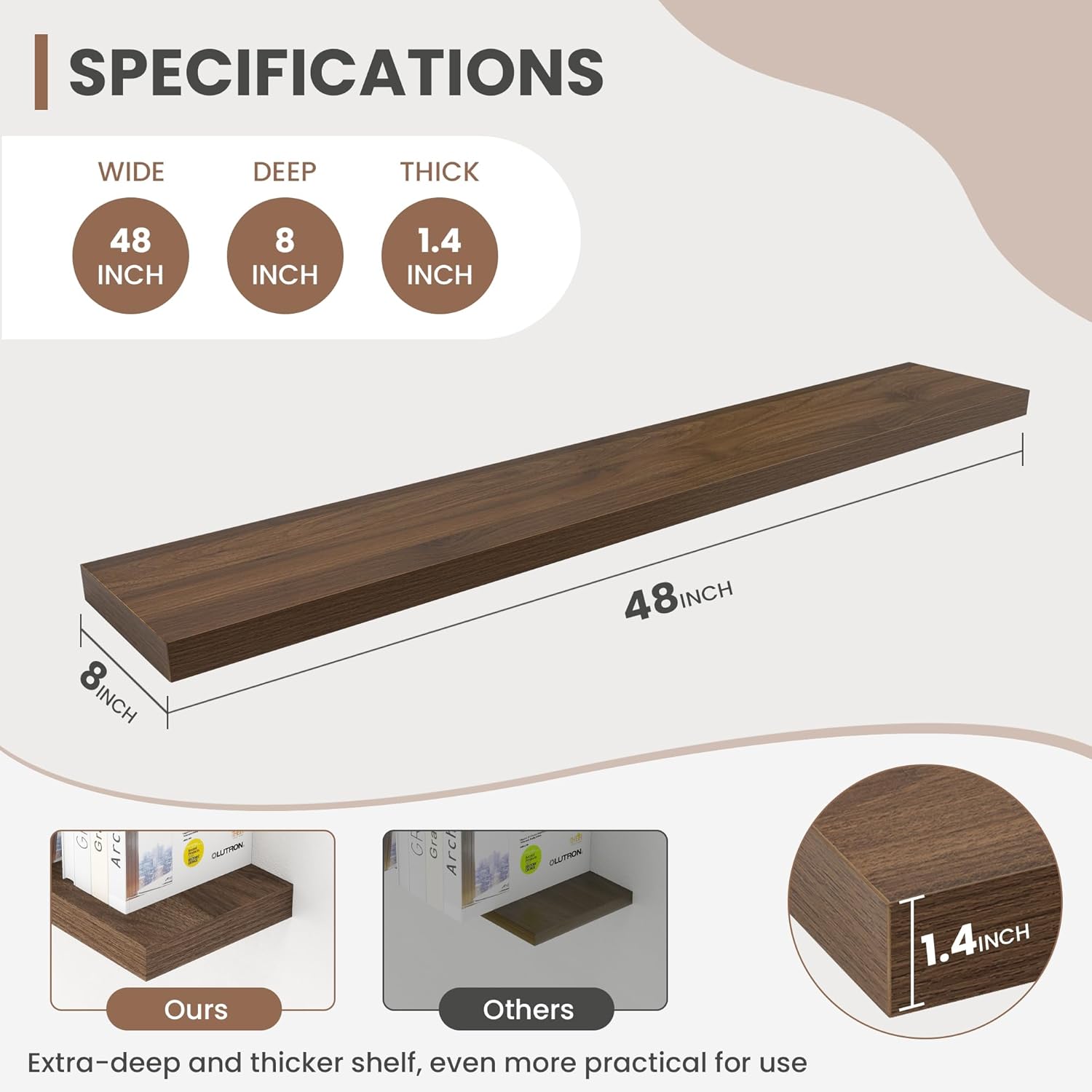 Acovy 48 Inch Floating Shelves, 8 Inch Deep Floating Shelves for Wall, Hanging Shelf with Invisible Brackets, Deep Shelves for Bathroom, Bedroom, Living Room, Walnut, Set of 1