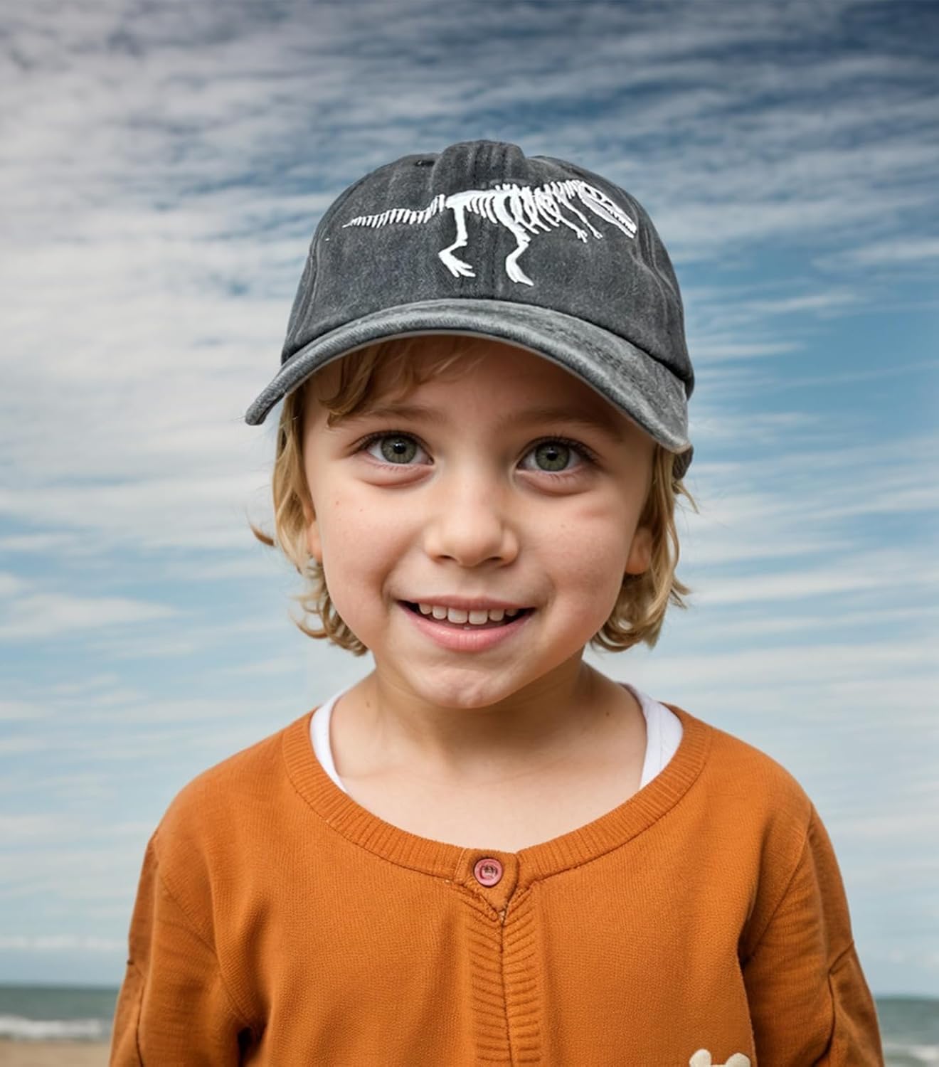 Boys' Skull Dinosaur Hat, Embroidered Dino Washed Adjustable Baseball Cap for Kids Age 3-11 - Image 3