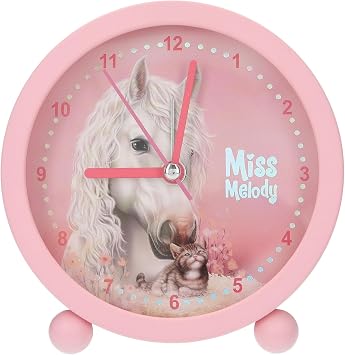 Depesche Miss Melody 14088 Childrens Alarm Clock in Pink with Horse Motif and Kitten Silent Clock with Light Function