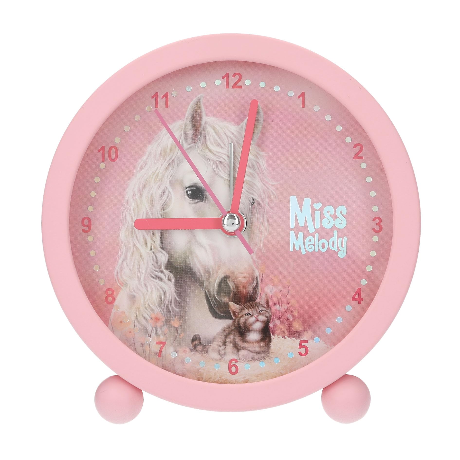 Depesche Miss Melody 14088 Children's Alarm Clock in Pink with Horse Motif and Kitten Silent Clock with Light Function