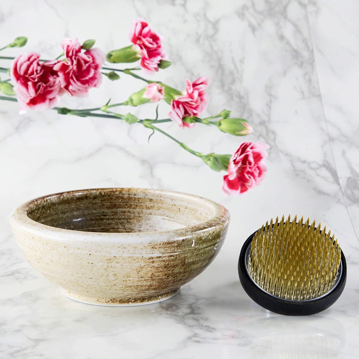 Wazakura Minoyaki Series Japanese Ikebana Essential Tool Kit - Small Round Ceramic Flower Vase and Kenzan Pin Frog for Floral Arranging (Sand Beige Vase + 2in (61mm) Brass Kenzan)