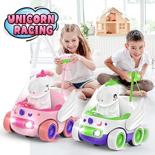 Miniatura 2 de Kroyedfuw Paquete de 2 autos de control remoto de unicornio para niños pequeños, regalos de unicornios para niñas y niños, juguetes de automóvil