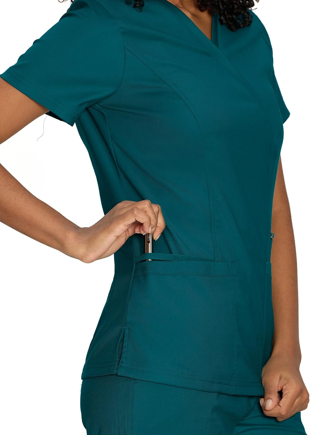 COZYFIT Scrub Tops for Woman - Back Princess Seams, Mock Wrap Top with 3 Pockets