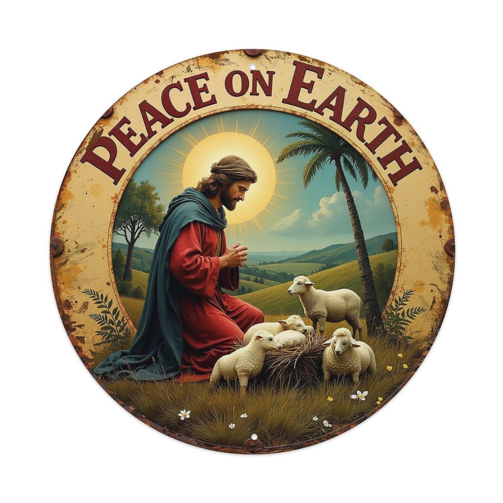 Jdyansheng Vintage Peace On Earth Jesus Sheep Tin Sign Metal Poster Metal Signs For Home Man Cave Bar Cafe Kitchen Laundry Room Wall Decorations 8X8 Inches