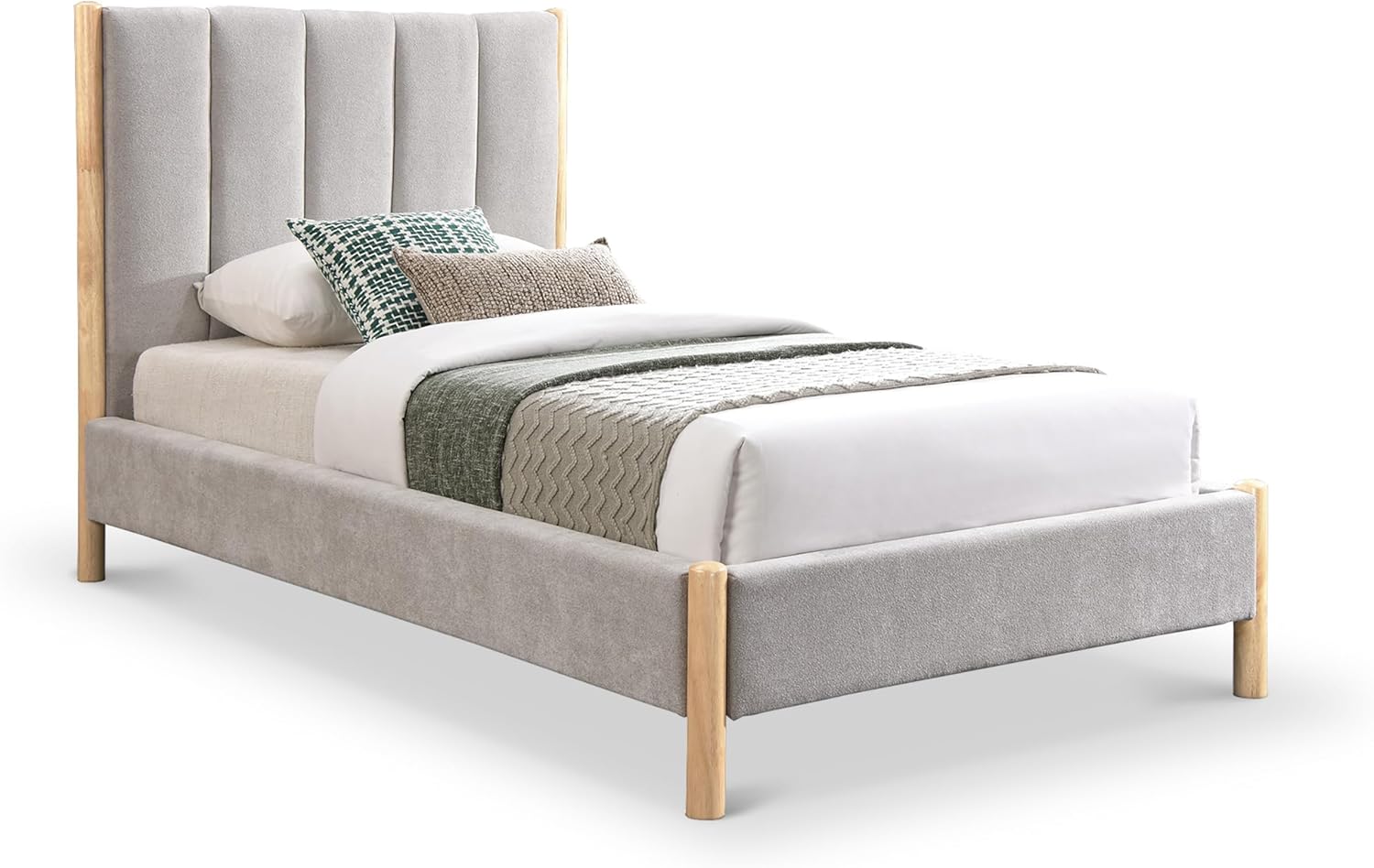 Meridian Furniture KonaGrey-T Kona Collection Mid-Century Modern Upholstered Twin Bed, Soft Grey Fabric, Finished Rubberwood Legs, Slats, 45" W x 82" D x 47" H, Grey, Twin