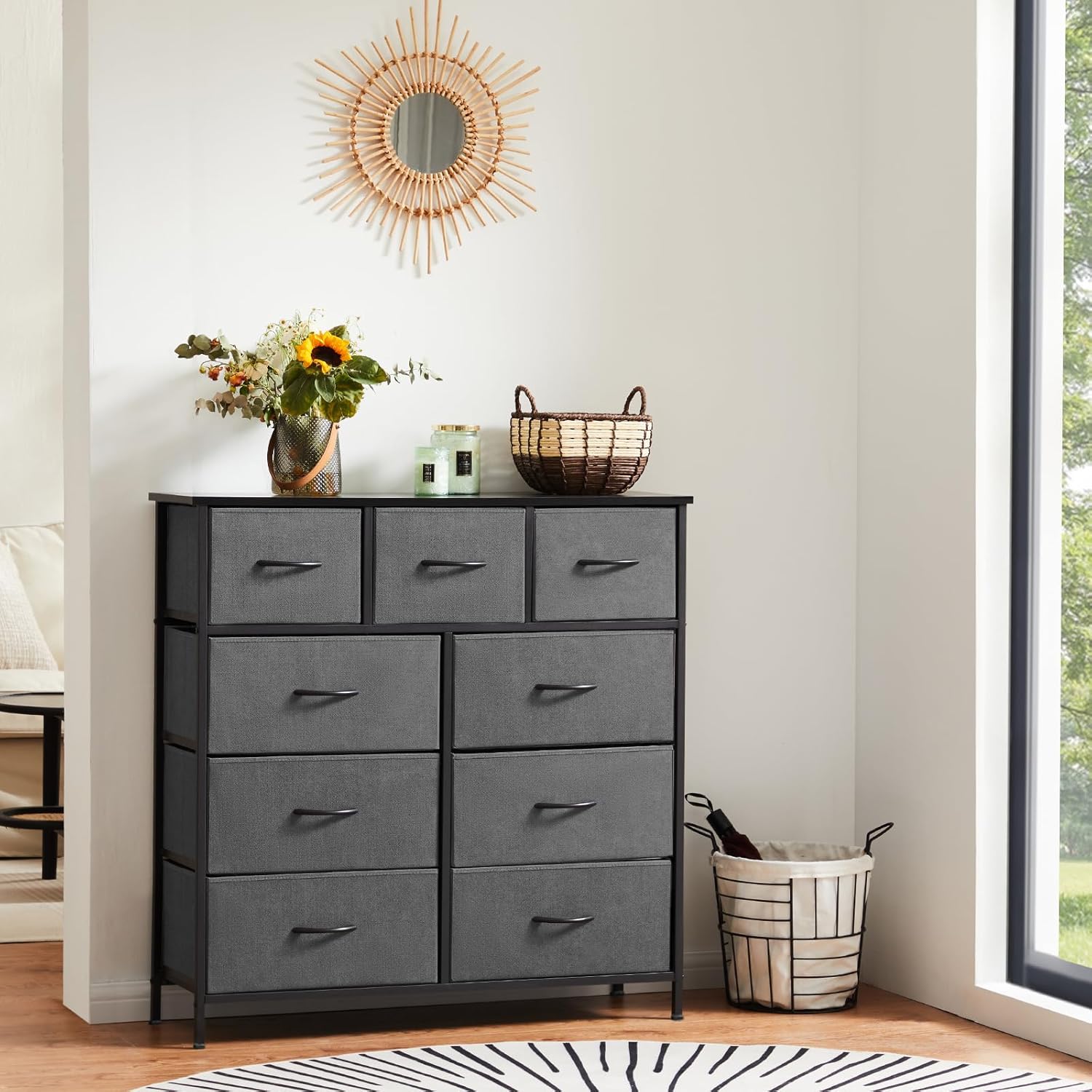 sweetcrispy 9 drawer fabric dresser tall chest storage organizer tower with cabinet metal frame and wood top lightweight closet furniture for bedroom,charcoal grey grey 39.4"d x 11.8"w x 40"h (9 drawers)