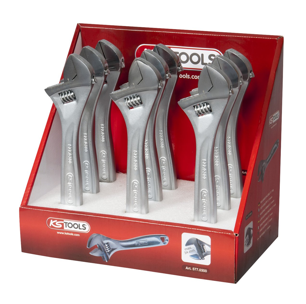 Ks Tools 577.0300D - Présentoir de 9 Clés à molette - 12'' - L.300mm - En Chrome Vanadium - Finition chromée