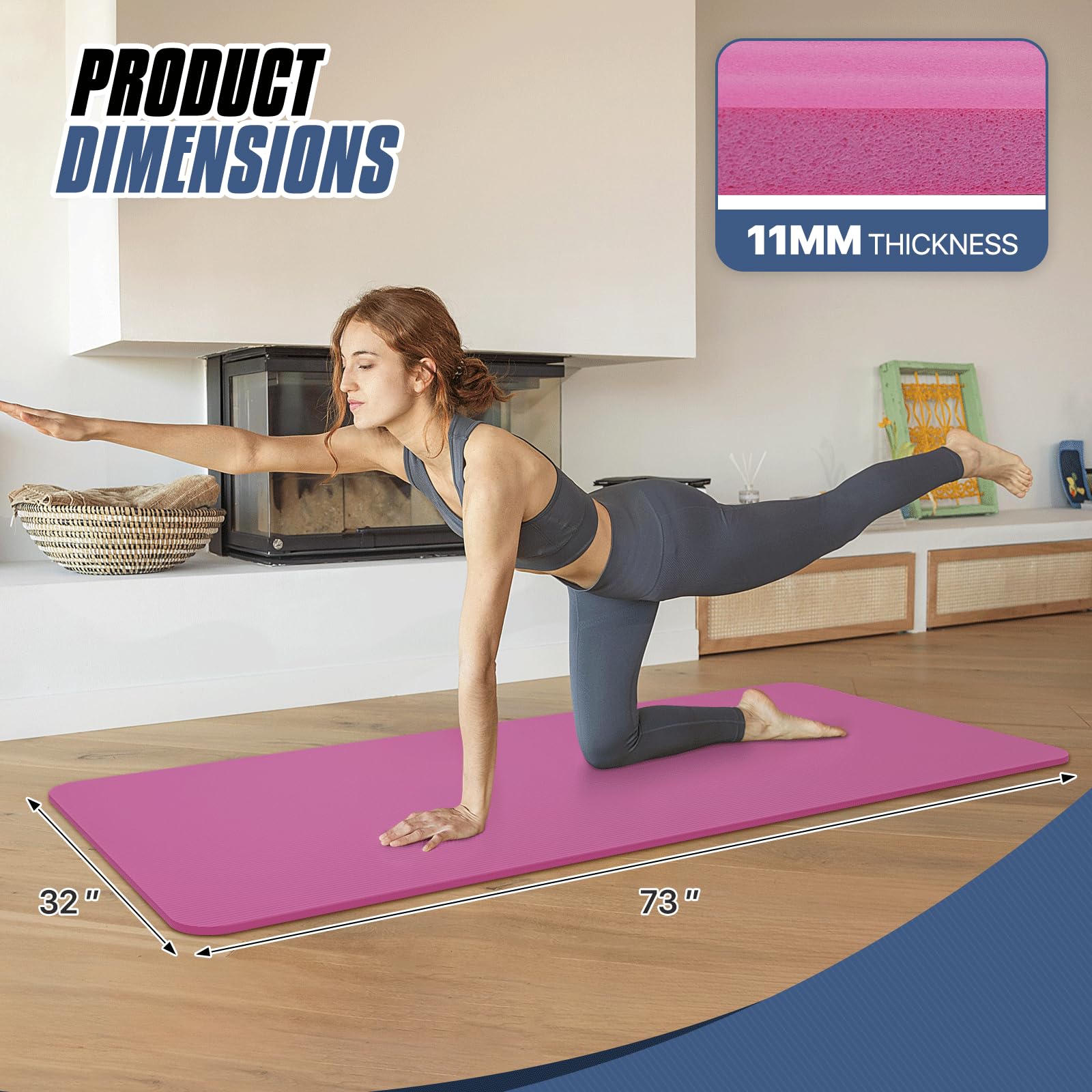 MADOG Yoga Mat, Extra Thick Exercise Mats (1/2 Inch) with Carrying Strap, Non-Slip Workout Mat for Yoga and Stretching, Pink