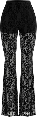 GORGLITTER Womens Lace Going Out Pants Flare Mesh High Waisted Sexy Sheer Bell Bottom Trousers Leggings Rave Outfits