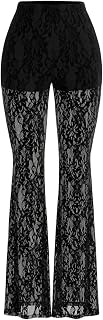 Women's Lace Bell Bottom Pants Mesh Flare Leg High Waisted Sheer Sexy Goth Leggings Trousers