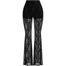 GORGLITTER Womens Lace Going Out Pants Flare Mesh High Waisted Sexy Sheer Bell Bottom Trousers Leggings Rave Outfits