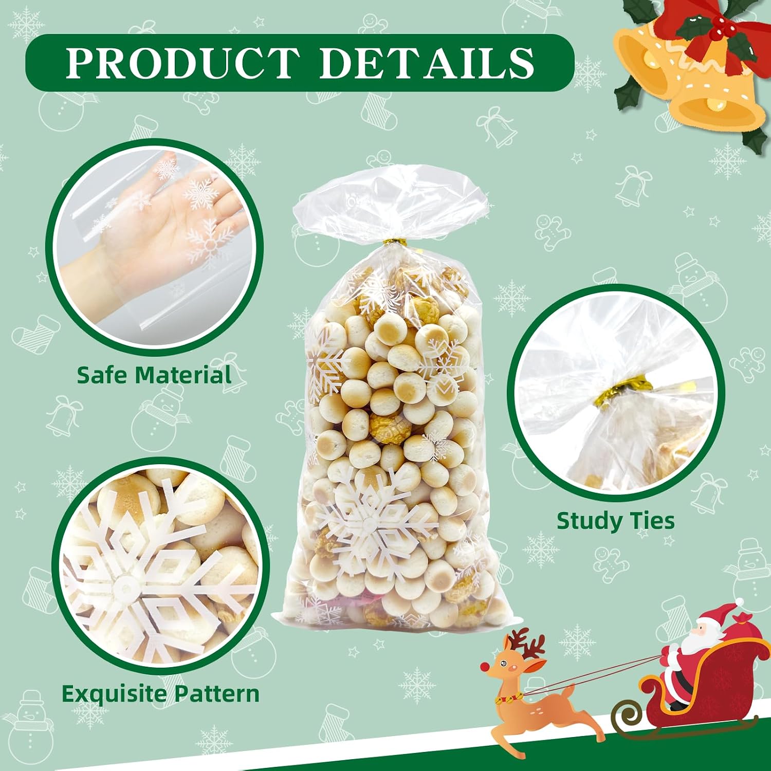 ONFAON Christmas Cellophane Treat Bags, 180pcs Candy Bags with 200pcs Twists for Snacks, Cookies Packing, Goodie Bags Party Supplies image 3