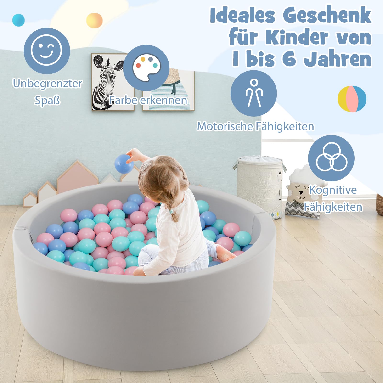 COSTWAY Basen z piłkami z 200 piłkami, basen z piłkami 90 x 30 cm, w zestawie zdejmowana mata podłogowa i poszewka nadająca się do prania w pralce, okrągłe doły z piłkami, grubość 5 cm, szary