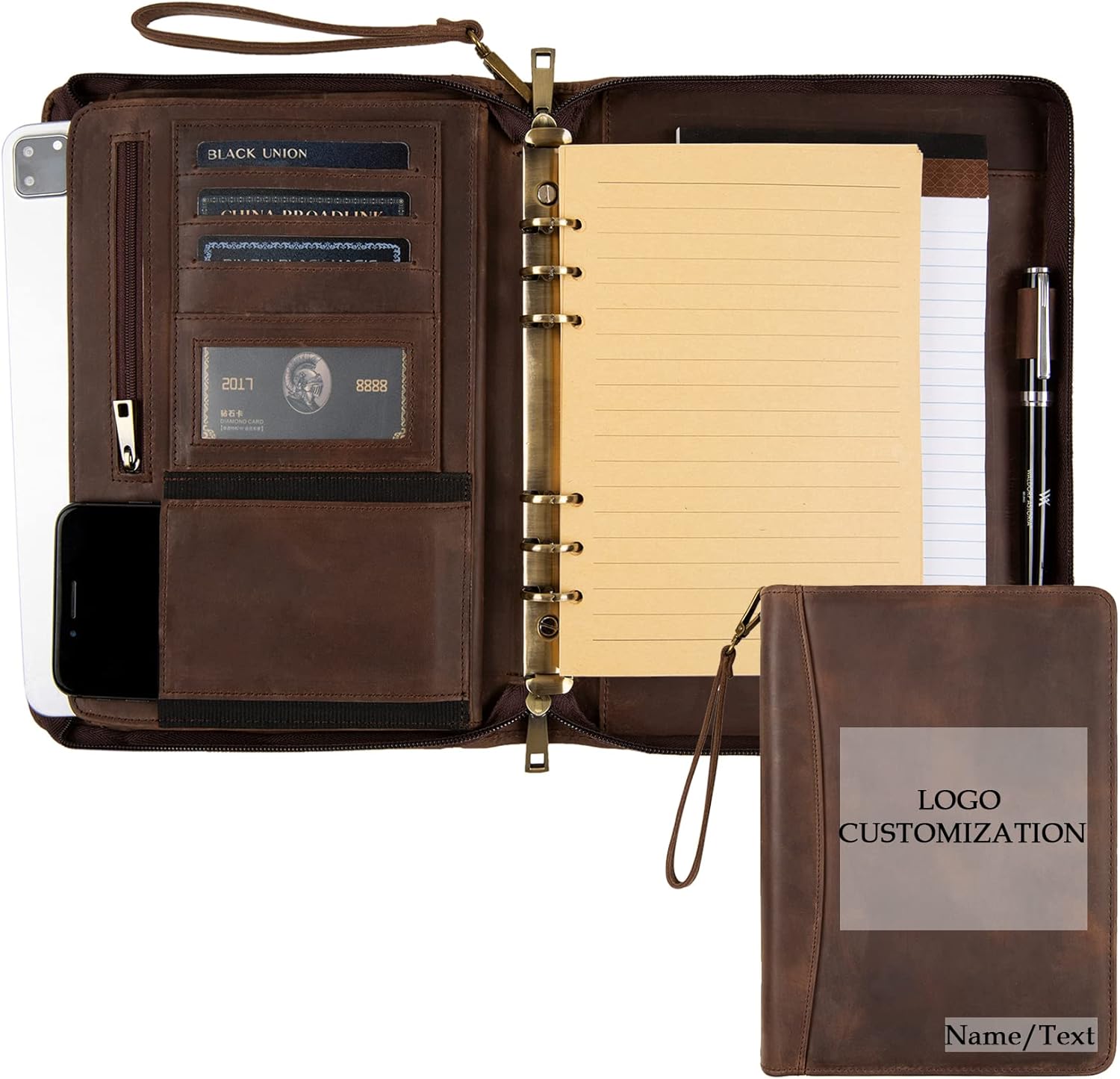 Portable Leather Padfolio, 8x10.5 inch Portfolio with 9.5-inch Clipboard, 6 Ring Binder, Custom, Dark Khaki