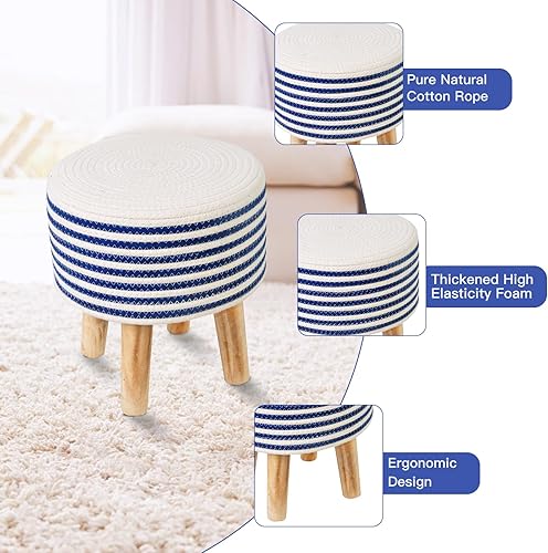 Miniatura 4 de YLCHHOMY Taburete pequeño otomano redondo con cuerda de algodón natural, reposapiés tejido a mano con patas de madera acolchadas de 1.6 pulgadas de