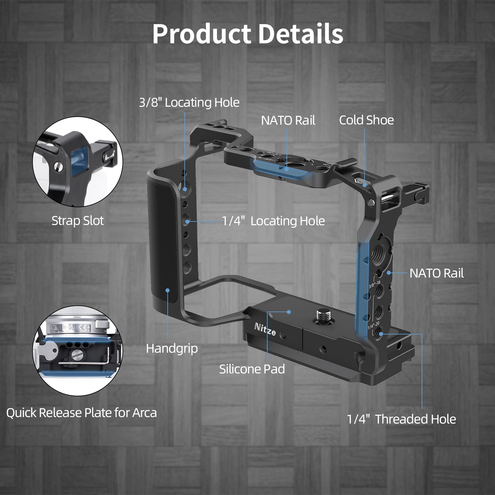 Nitze ZV-E10 II Cage, gabbia per fotocamera Sony ZV-E10 II, con 2 guide NATO integrate, scarpa Cold Shoe, impugnatura ergonomica, piastra a sgancio rapido per Arca-Swiss T-S14A