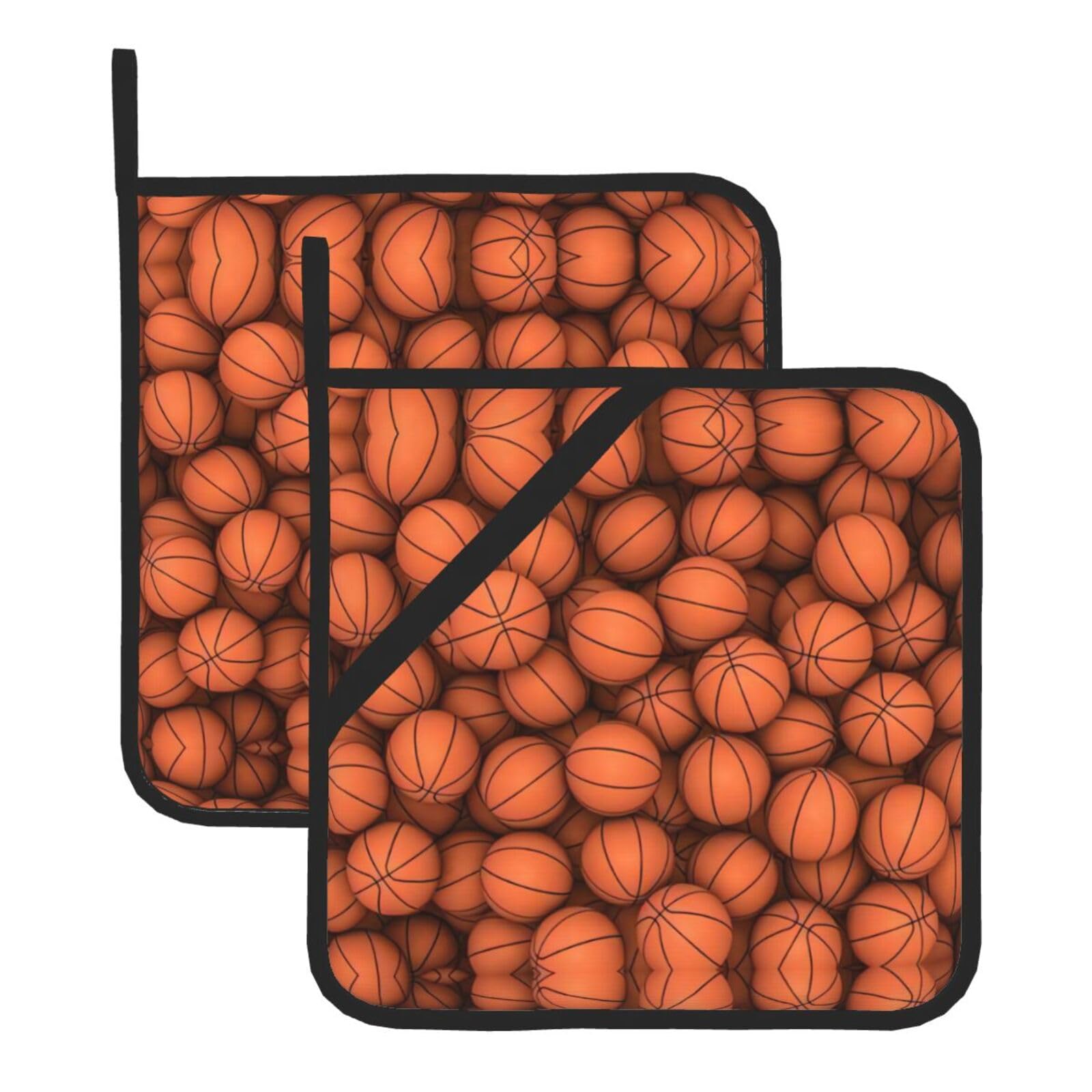 YYHWHJDE Basketball Orange Prints Square Hot Pads for Kitchen Counter - Waterproof Pot Holders, Durable Oven Mitt Layers with Hanging Loop, Heat Resistant Trivets (2-Pack)