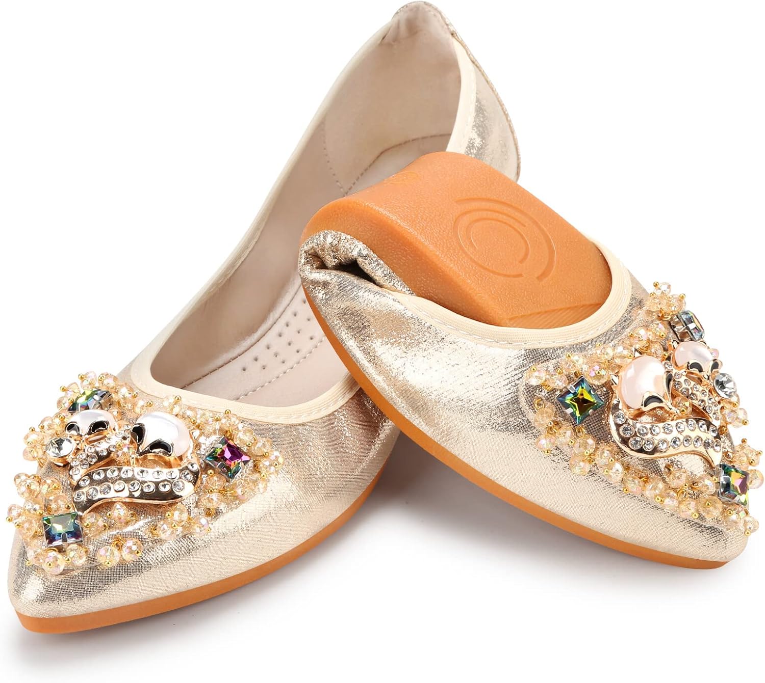 KUNWFNIX Women Ballet Flats Rhinestone Wedding Ballerina Shoes Foldable Sparkly Comfort Slip on Flat Shoes 8 #A2-gold