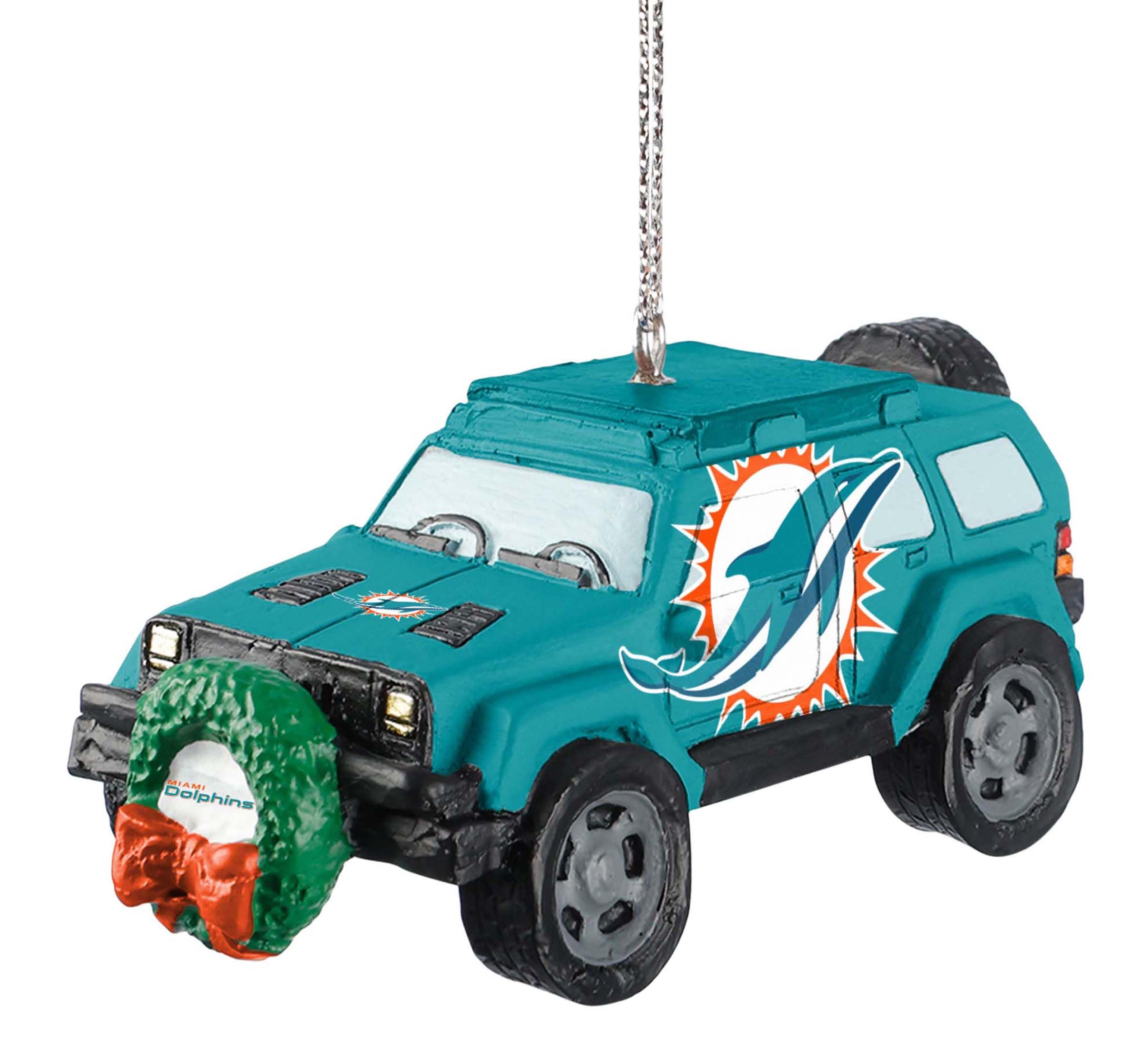 Foco Multi Color Miami Dolphins Suv Vehicle With Wreath Holiday Ornament