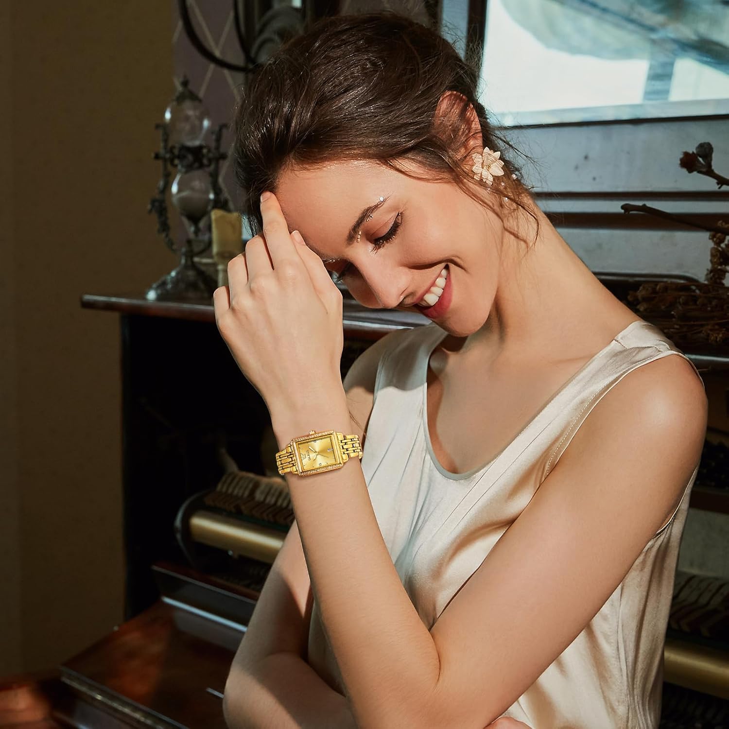 OLEVS Gold Watches for Women Square Luxury Business Rectangle Ladies Watches for Woman with Date Water Resistant Ladies Watch for Small Wrists Reloj para Mujer Diamond Blue/Green/Black/White/Gold - Image 2