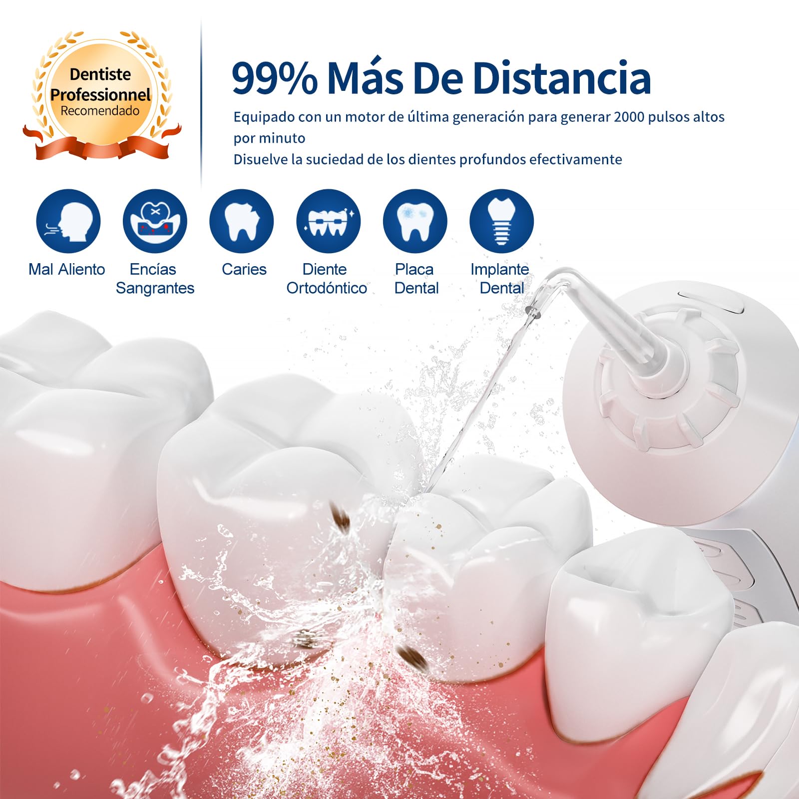 Seago Idropulsore a getto dentale portatile, rilevatore dentale professionale, fai da te modalità, IPX7, impermeabile, 5 ugelli a getto, USB ricaricabile, getto dentale per la casa e i viaggi (bianco)