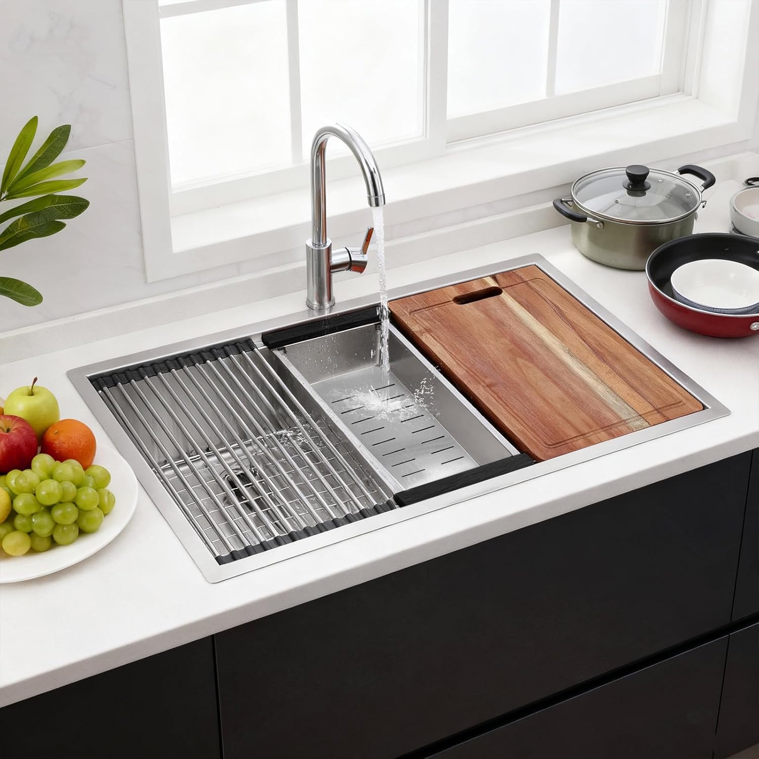 Generic 30 Inch Undermount Kitchen Sink Handmade Modern Integrated Ledge Workstation 16 Gauge Superior Drain Kitchen Sinks Fast Drain with Ledge & Accessories