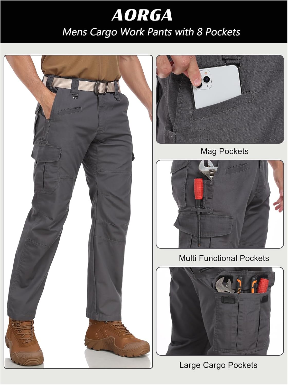 Mens Work Pants Water Resistant Elastic Waist Outdoor Breathable Cargo Tactical Pants with 8 Pockets - Image 5