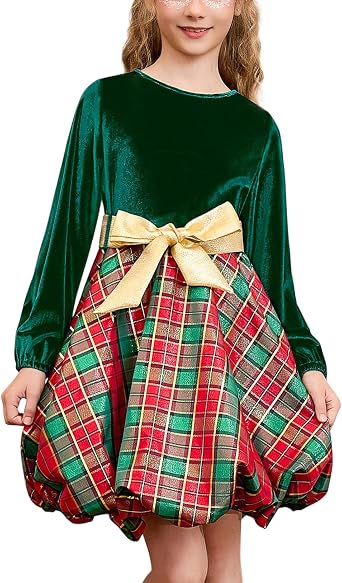 CHILDRENSTAR Girls Christmas Dresses Velvet Long Sleeve Holiday Metallic Plaid Bubble Dress for Kids 3-13Y