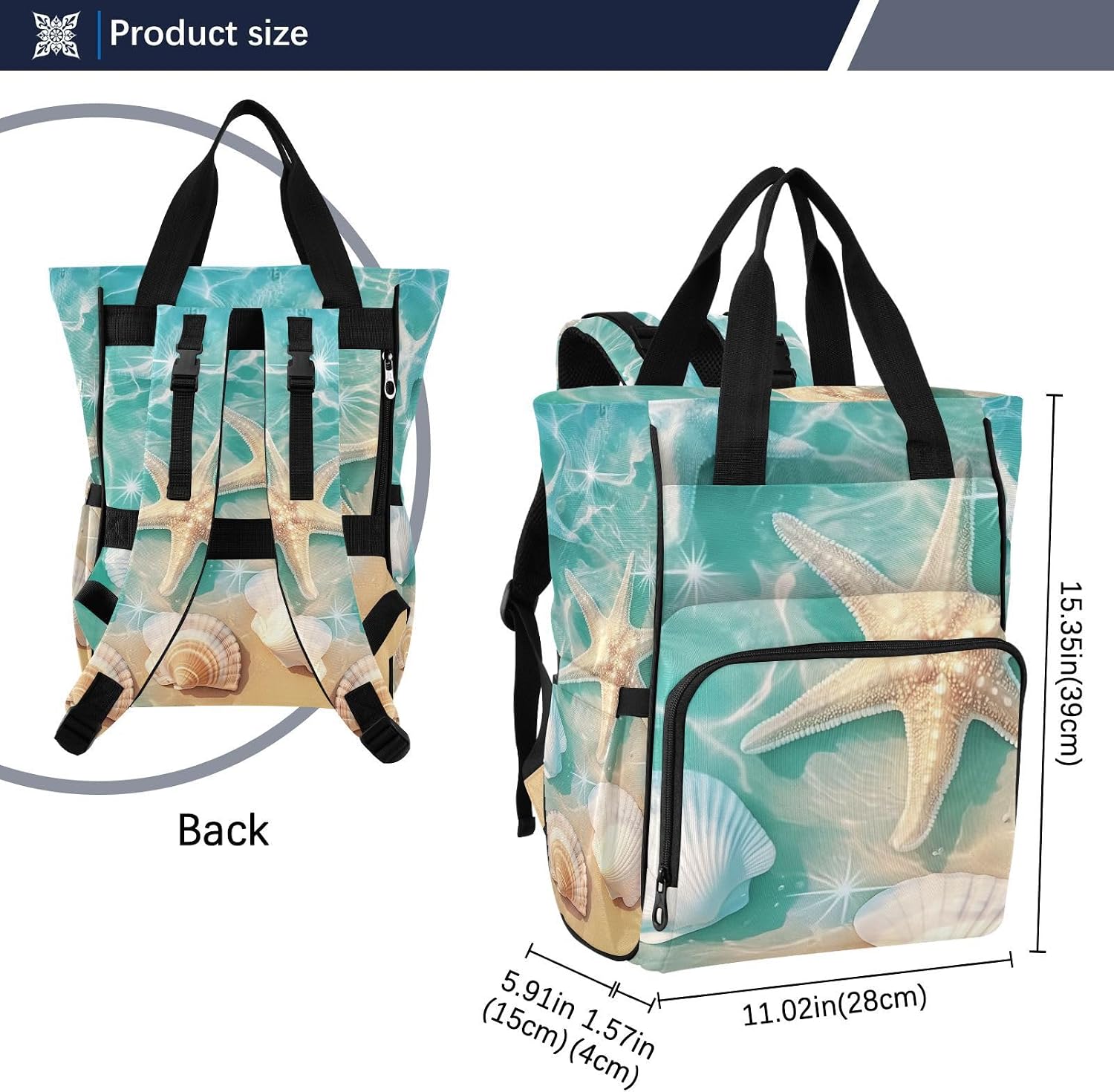 Diaper Bag Backpack Beach Starfish Seashells Travel Diaper Bags for Women, 10L Functional Baby Changing Bag with Insulted Pockets, Stroller Straps