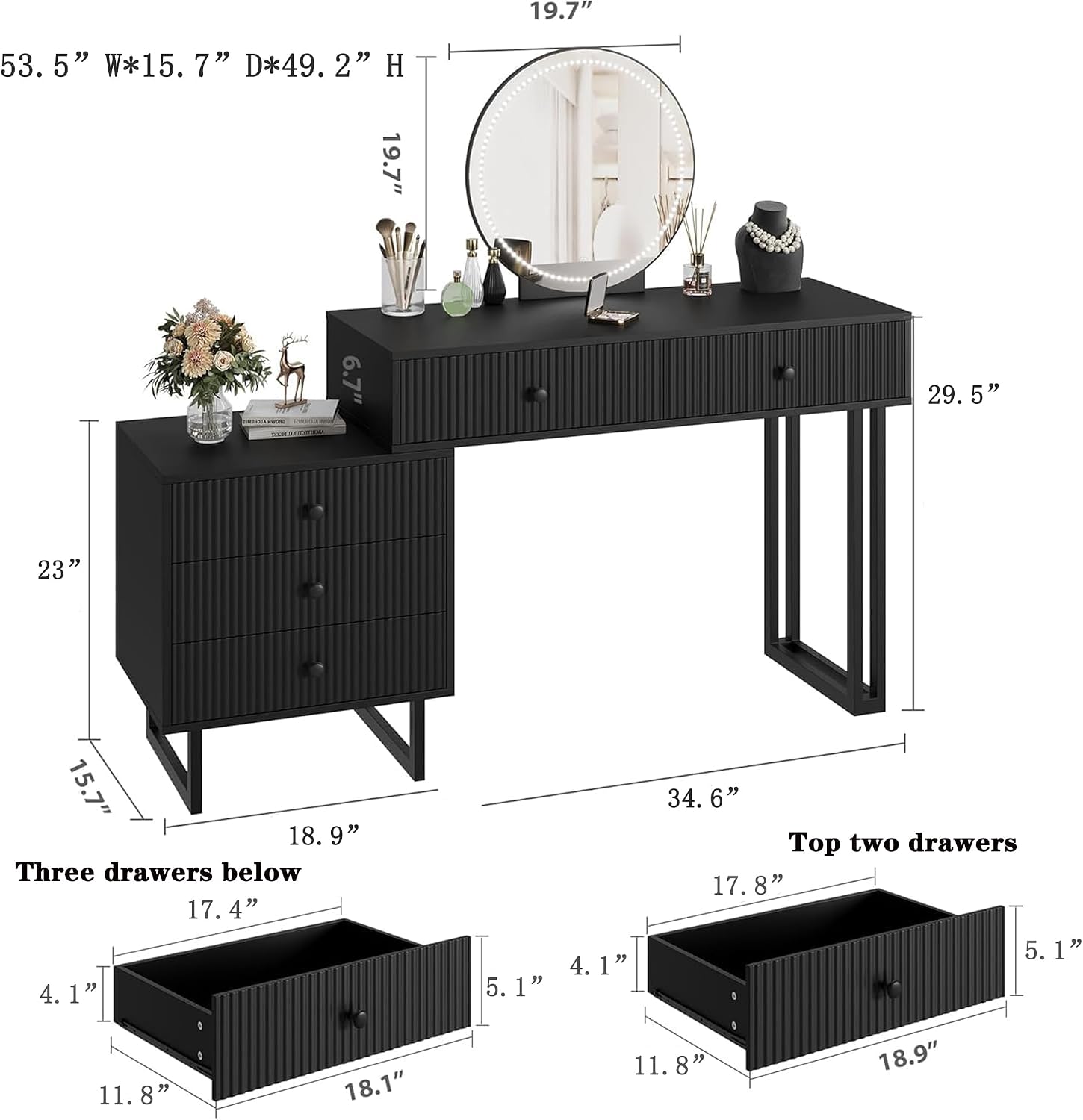 GarveeHome Black Vanity Desk with Mirror and Lights, Makeup Vanity with 5 Drawers for Bedroom, Modern Makeup Vanity Organizer with 3 Color Lights&Adjustable Brightness